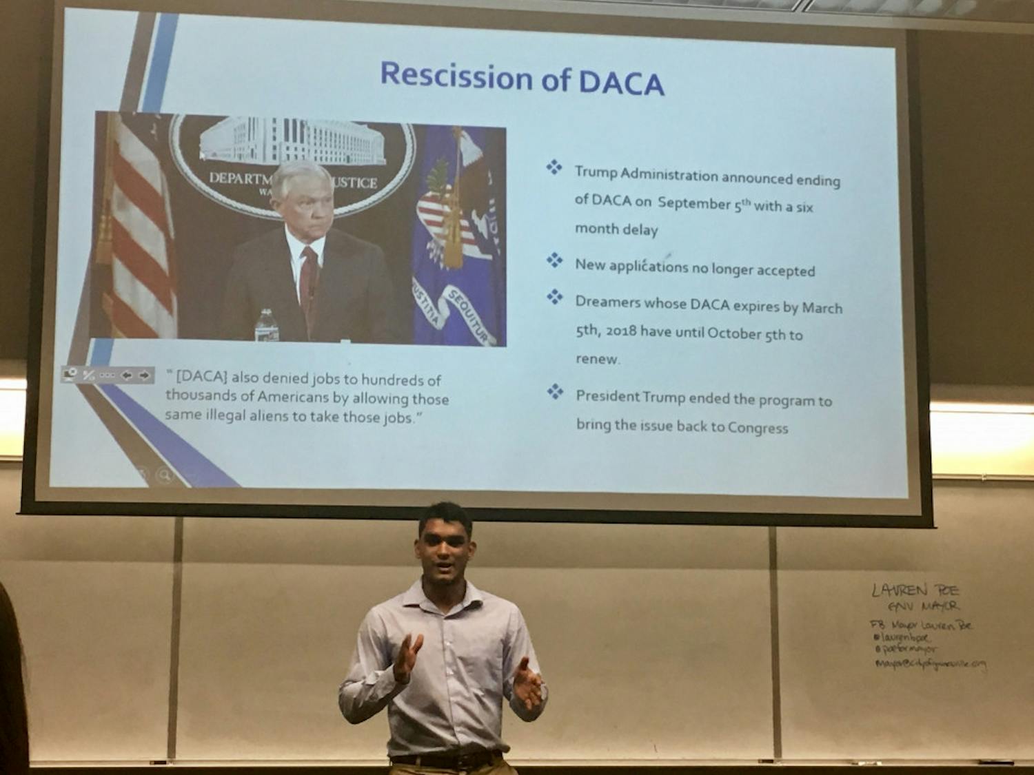 Giancarlo Tejeda, an undocumented UF student, presents information about the Deferred Action for Childhood Arrivals program.