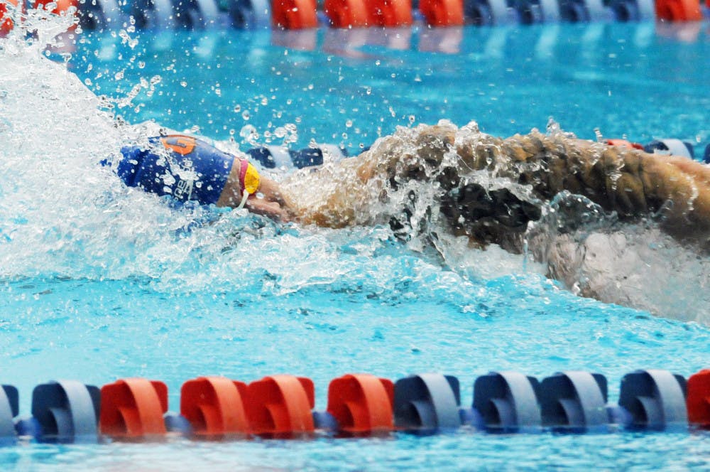 Caeleb Dressel races in the 400 meter freestyle relay during Florida’s meet against Auburn on Jan. 23, 2016, in the O’Connell Center.