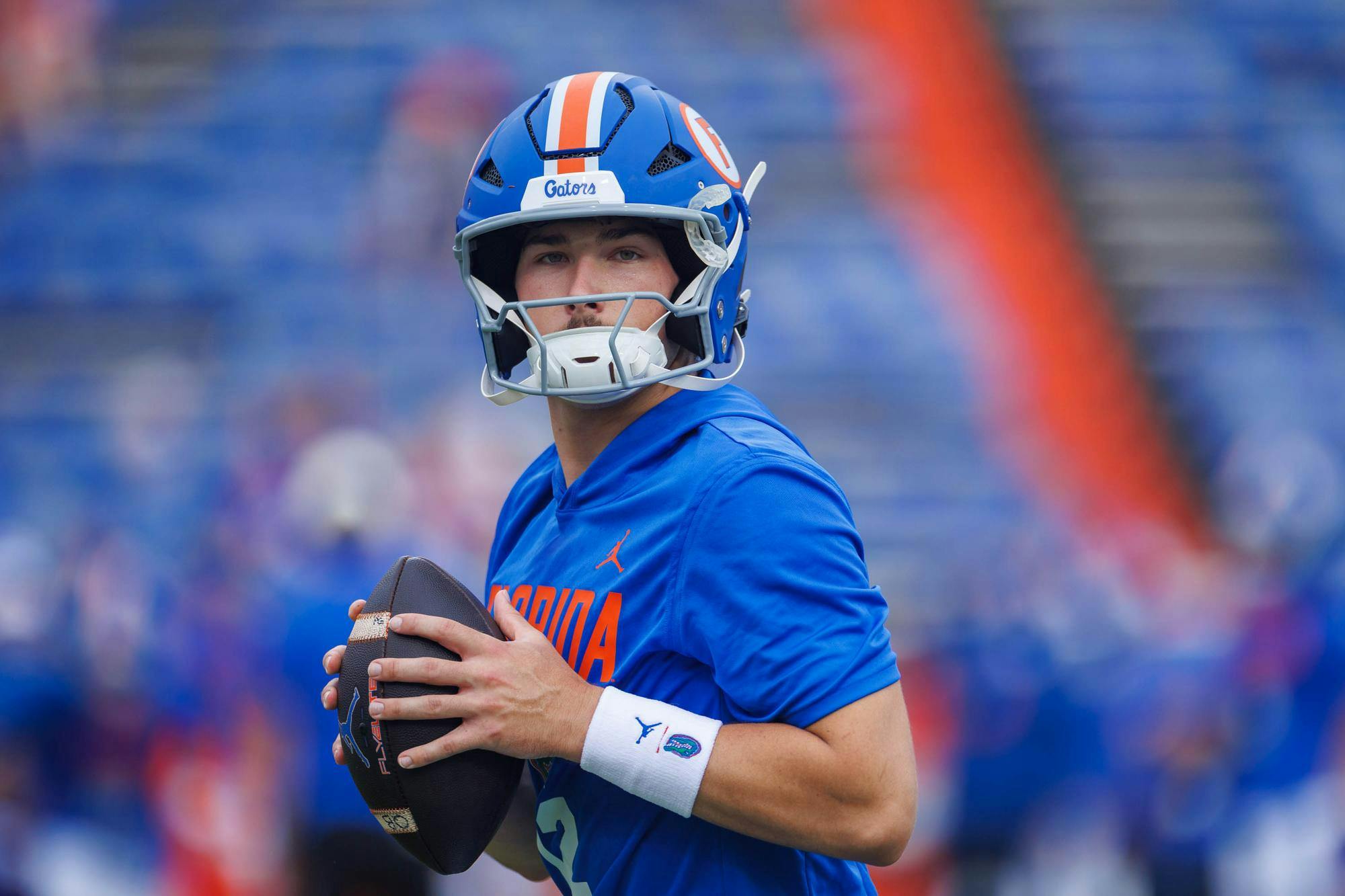 Florida quarterback Aaron Philo (12) warms up before an NCAA college football game against South Carolina, Saturday, Oct. 10, 2026, in Gainesville, Fla.