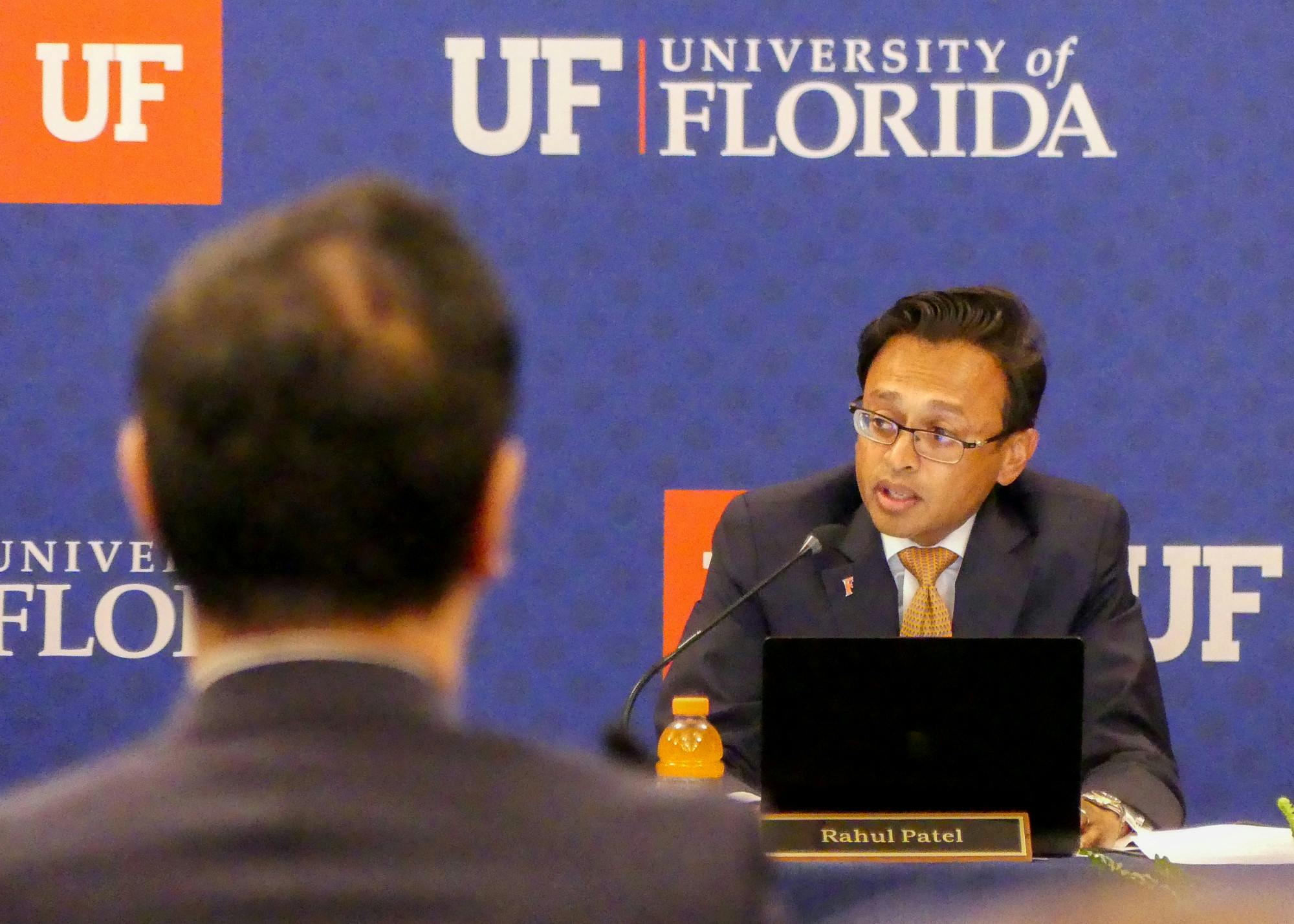 Vice Chair Rahul Patel addresses Dr. Santa Ono and the Board of Trustees on Tuesday, May 27, 2025.