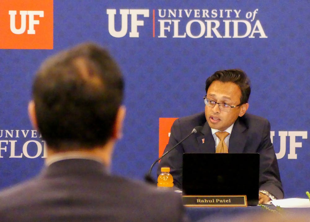 Vice Chair Rahul Patel addresses Dr. Santa Ono and the Board of Trustees on Tuesday, May 27, 2025.