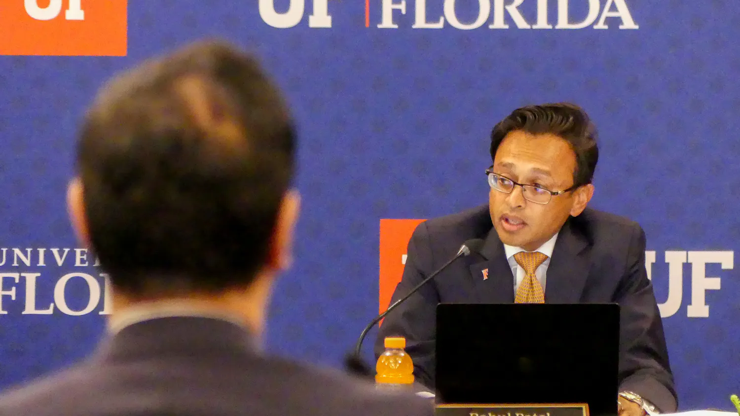 Vice Chair Rahul Patel addresses Dr. Santa Ono and the Board of Trustees on Tuesday, May 27, 2025.
