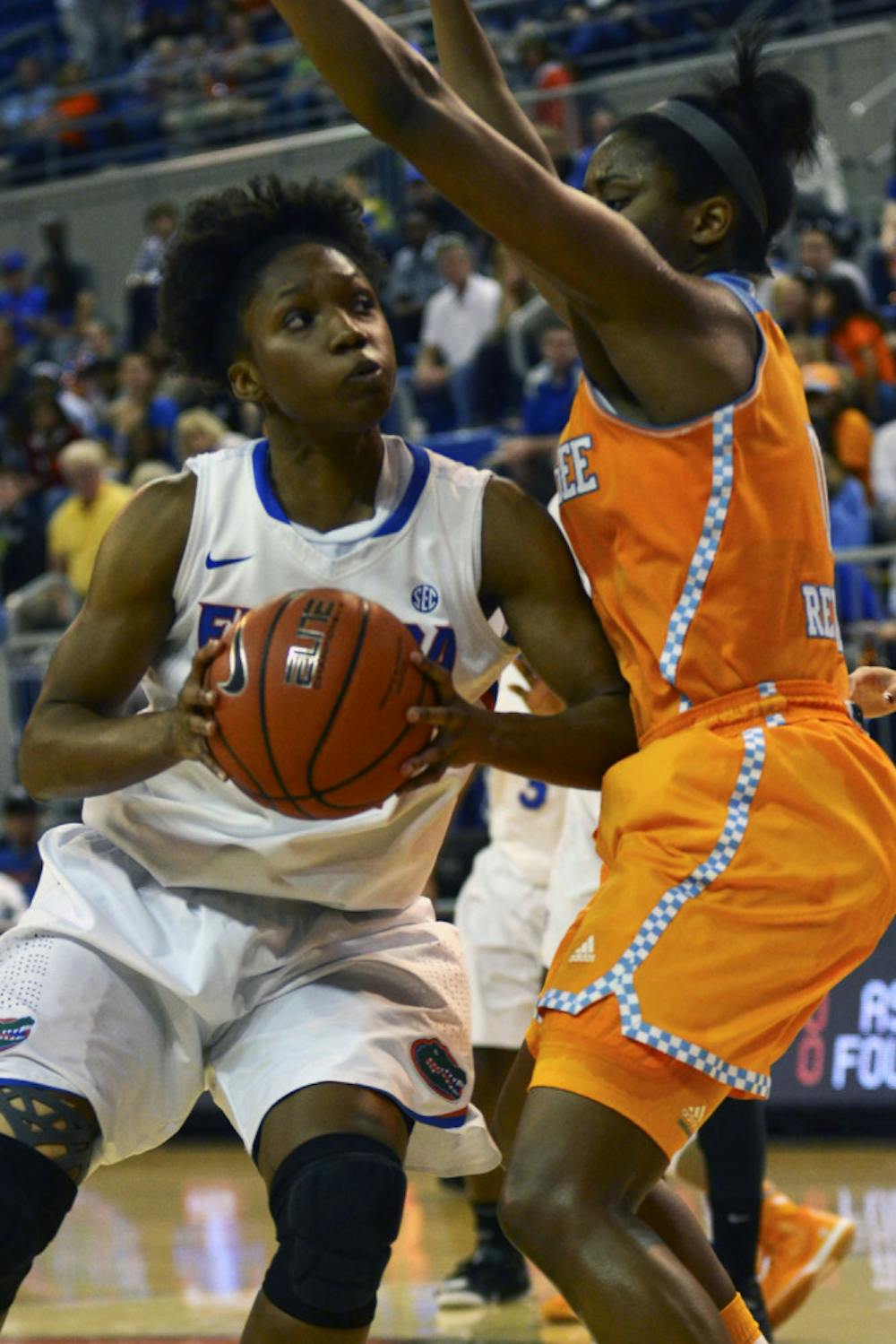 <p dir="ltr" align="justify">Kayla Lewis prepares to shoot during Florida’s 64-56 loss to Tennessee on Feb. 8 in the O’Connell Center. Lewis is the lone senior on the Gators’ roster this season.</p>
