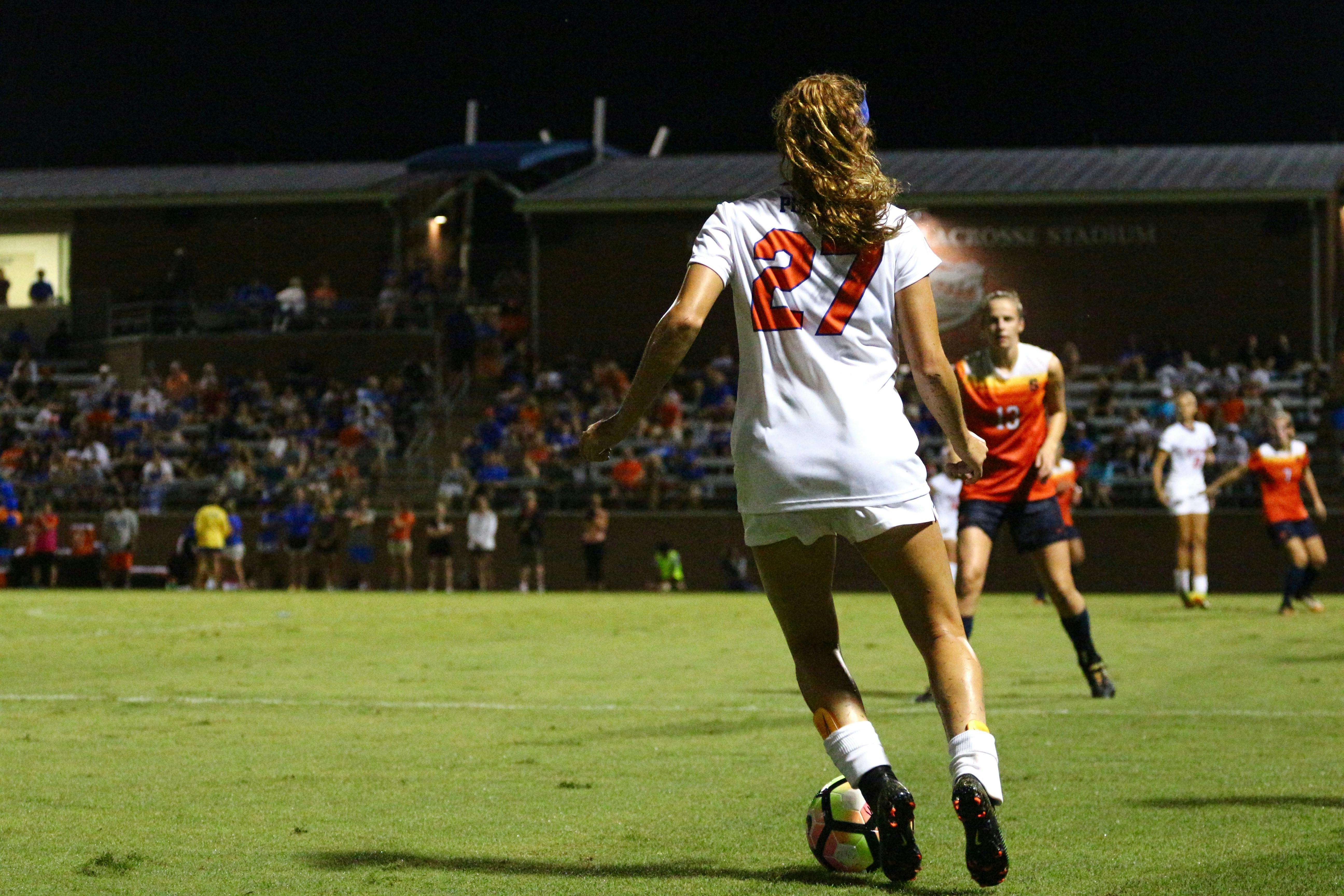 Mayra Pelayo runs with the ball during Florida's 2-1 win against Syracuse on August 27, 2017, at Donald R. Dizney Stadium. Pelayo scored the only goal of the game on Saturday against Ole Miss.