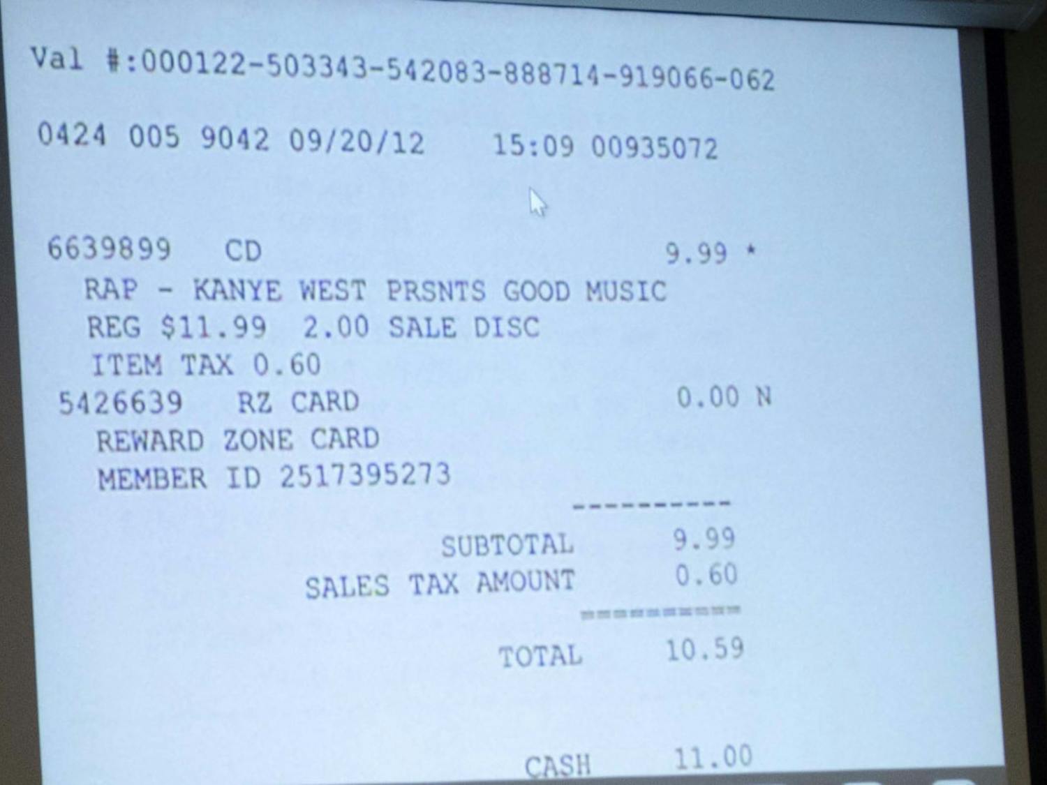 A receipt from Best Buy showing Christian Aguilar’s purchase of a Kanye West CD.