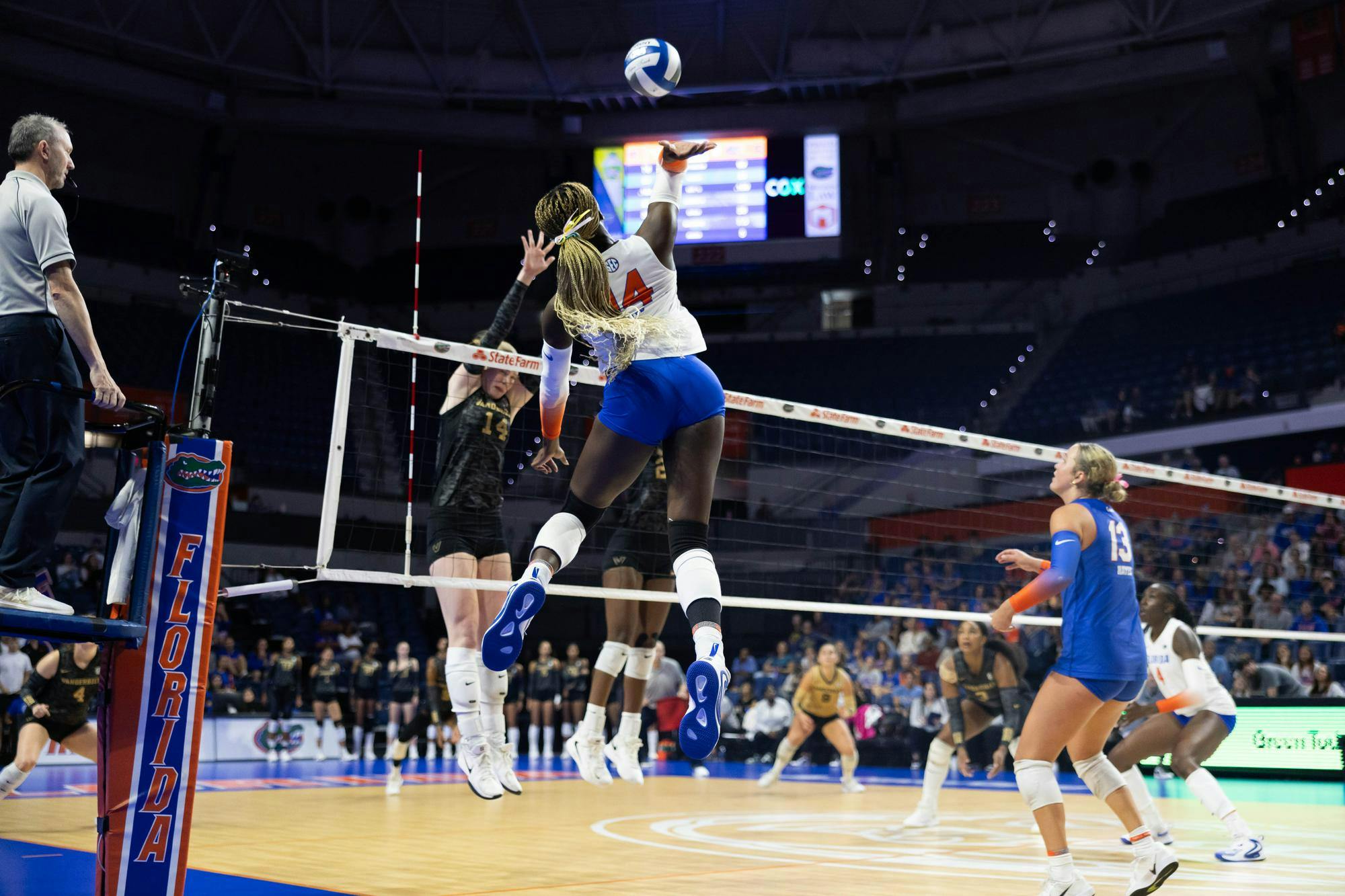 Gators volleyball outside hitter Jordyn Byrd (14) spikes the ball in a match against the Vanderbilt Commodores at the Stephen C. O'Connell Center in Gainesville, Florida, on Sunday, Oct. 12, 2025.