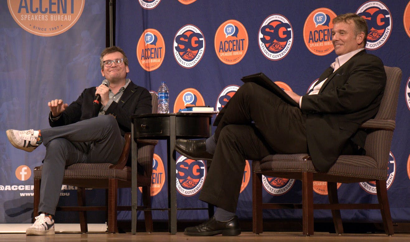Ted Spiker interviews John Green, an author, YouTuber and philanthropist, at the University Auditorium on Tuesday, Sept. 27, 2023. 