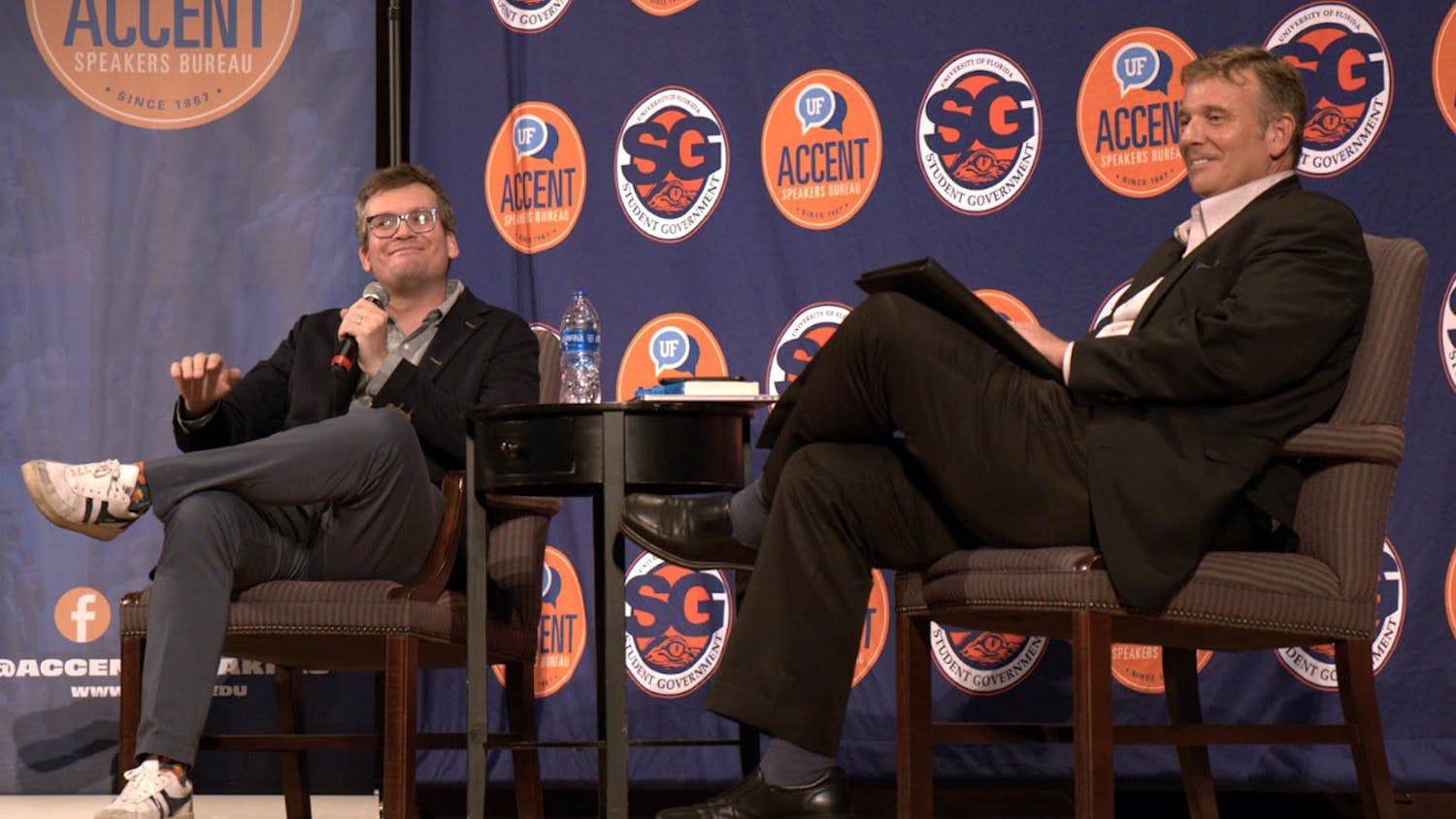 Ted Spiker interviews John Green, an author, YouTuber and philanthropist, at the University Auditorium on Tuesday, Sept. 27, 2023. 