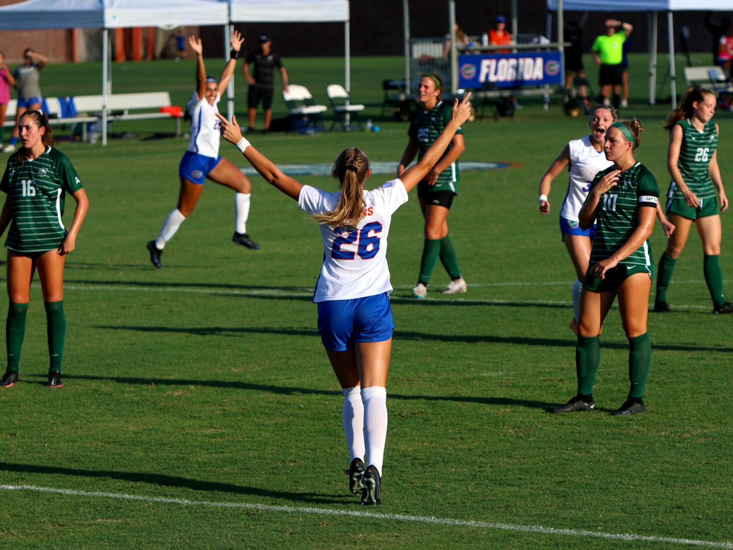 Graduate student forward Molly Grant celebrates her goal in the Gators' 8-0 win against the Stetson Hatters Sunday, Aug. 27, 2023. 