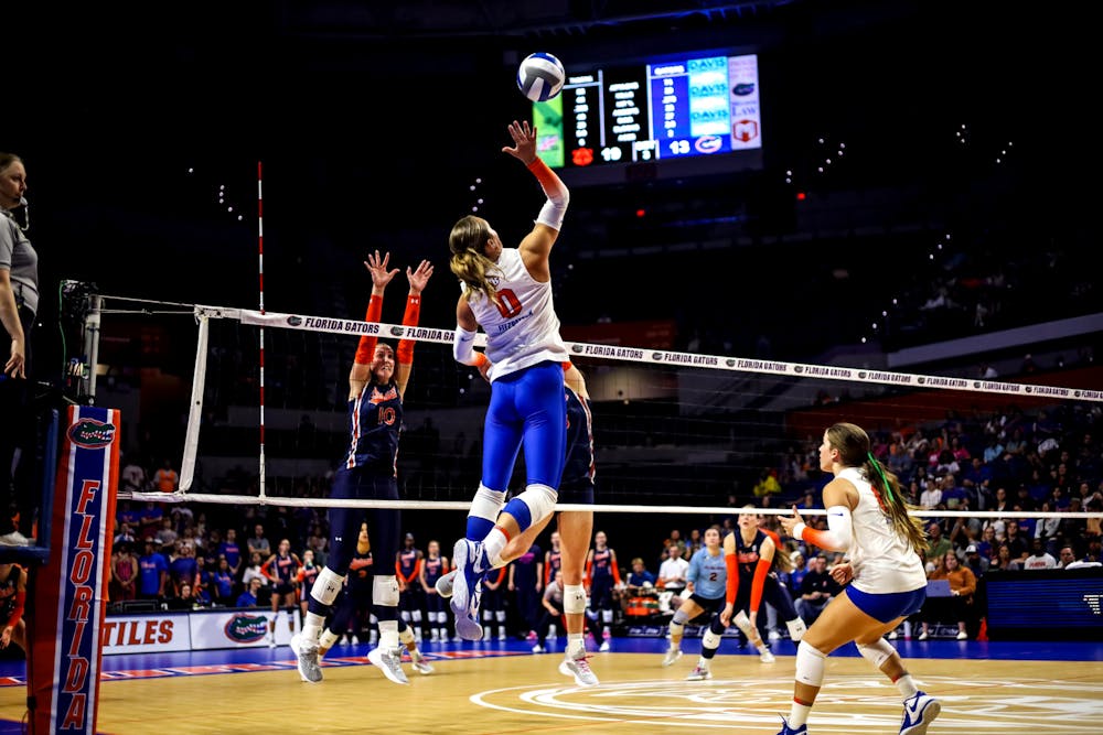 Florida outside hitter AC Fitzpatrick sets up to hit the ball in the Gators' 3-0 loss to the Auburn Tigers on Friday, Oct. 6, 2023