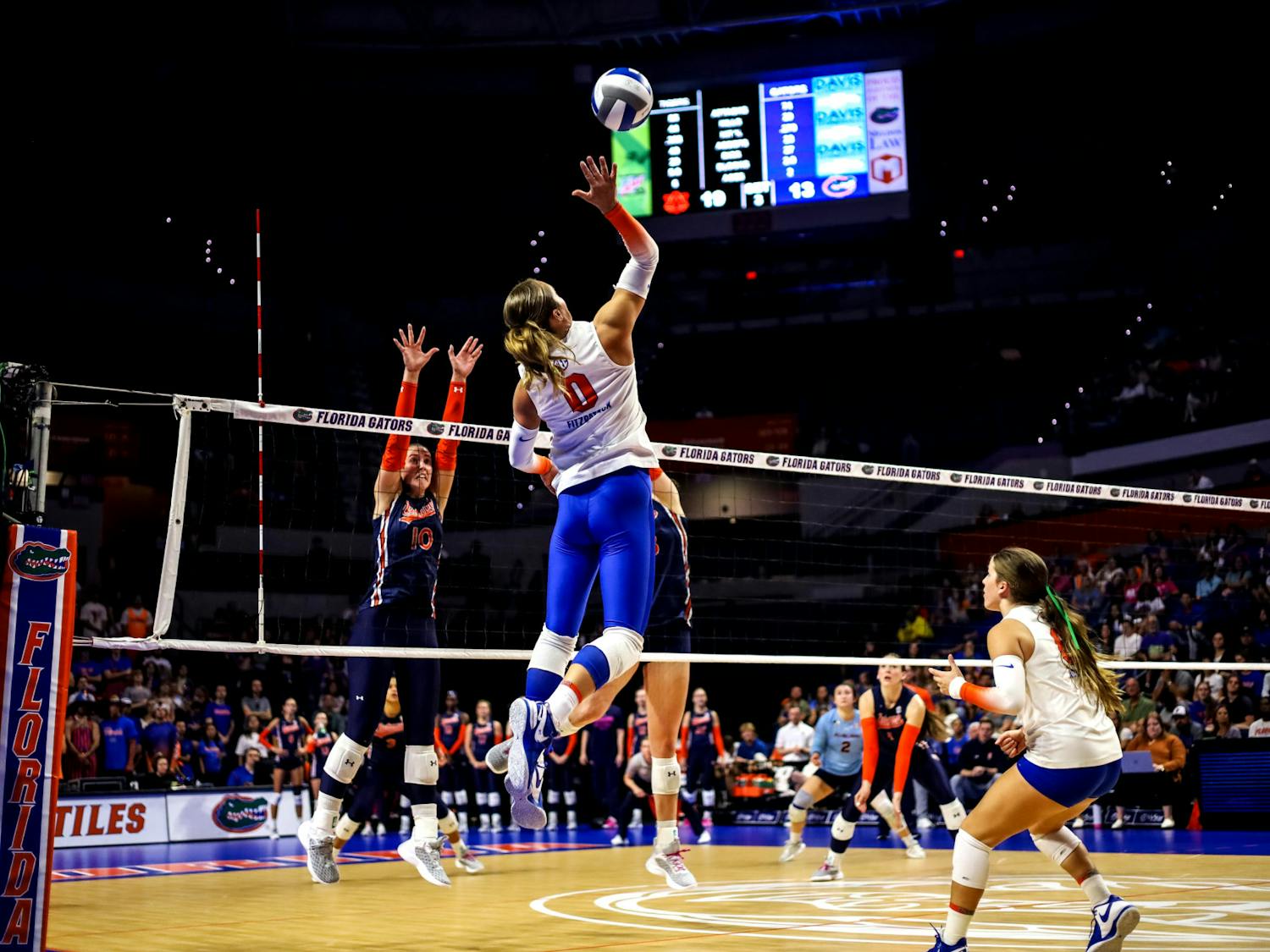 Florida outside hitter AC Fitzpatrick sets up to hit the ball in the Gators' 3-0 loss to the Auburn Tigers on Friday, Oct. 6, 2023