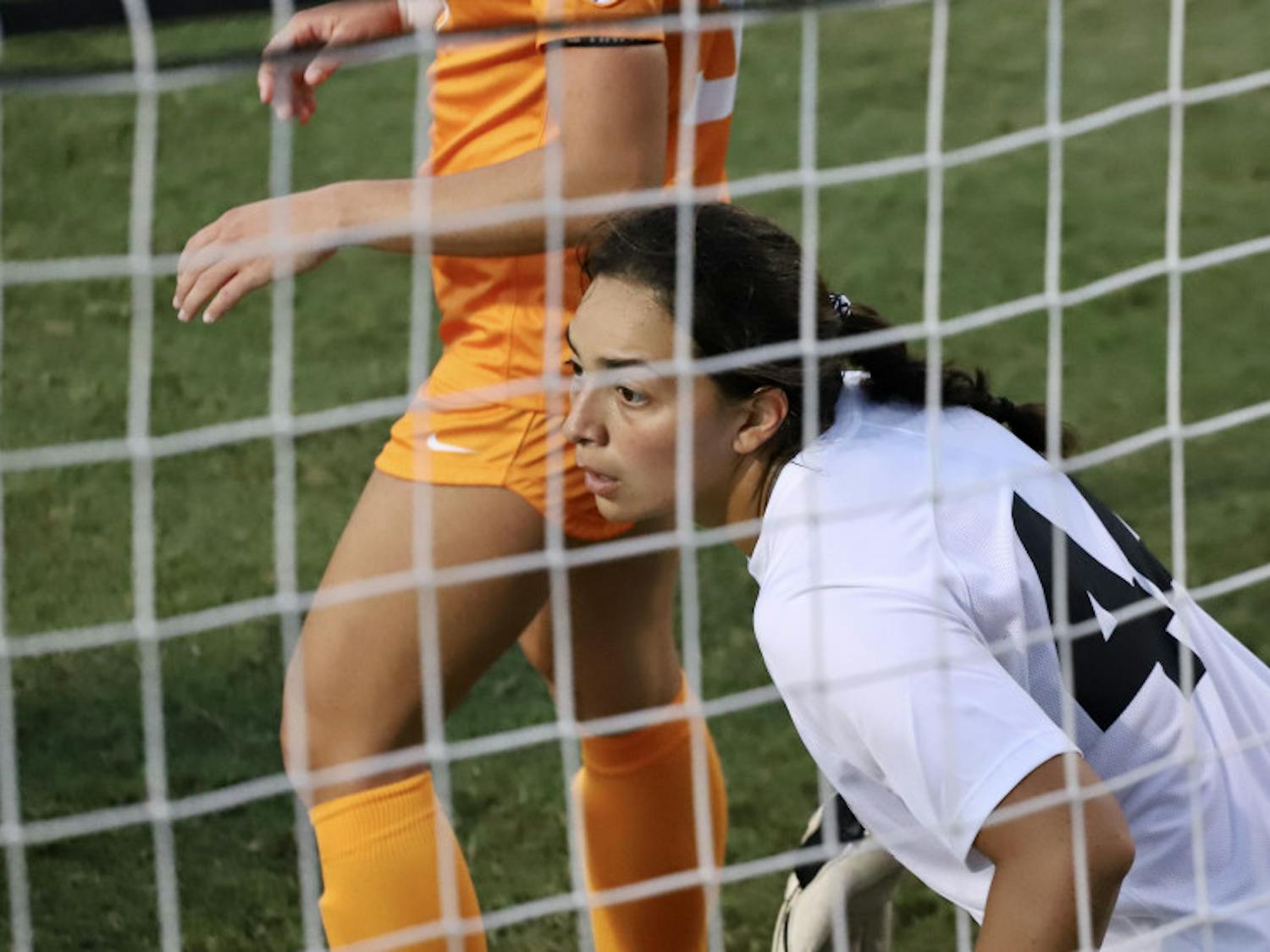 Gators goalkeeper Susi Espinoza guards the net from Tennessee defenders. Florida lost its fourth straight game this season on Friday night against the Volunteers.
