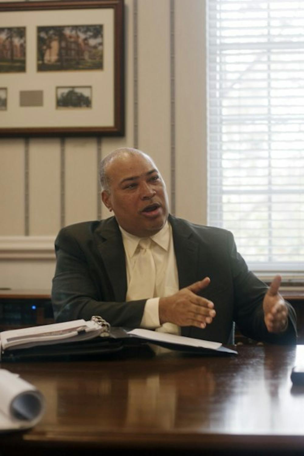 <p>Michael Bowie, director of Recruitment, Retention &amp; Multicultural Affairs at the University of Florida, discusses hazing at the Anti-hazing Task Force meeting on Tuesday morning in Tigert Hall.</p>