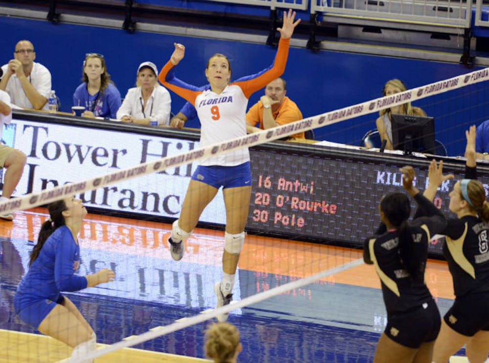 <p>Ziva Recek reaches for the ball during Florida’s four-set victory against Western Michigan on Sept. 14 in the O’Connell Center.&nbsp;</p>