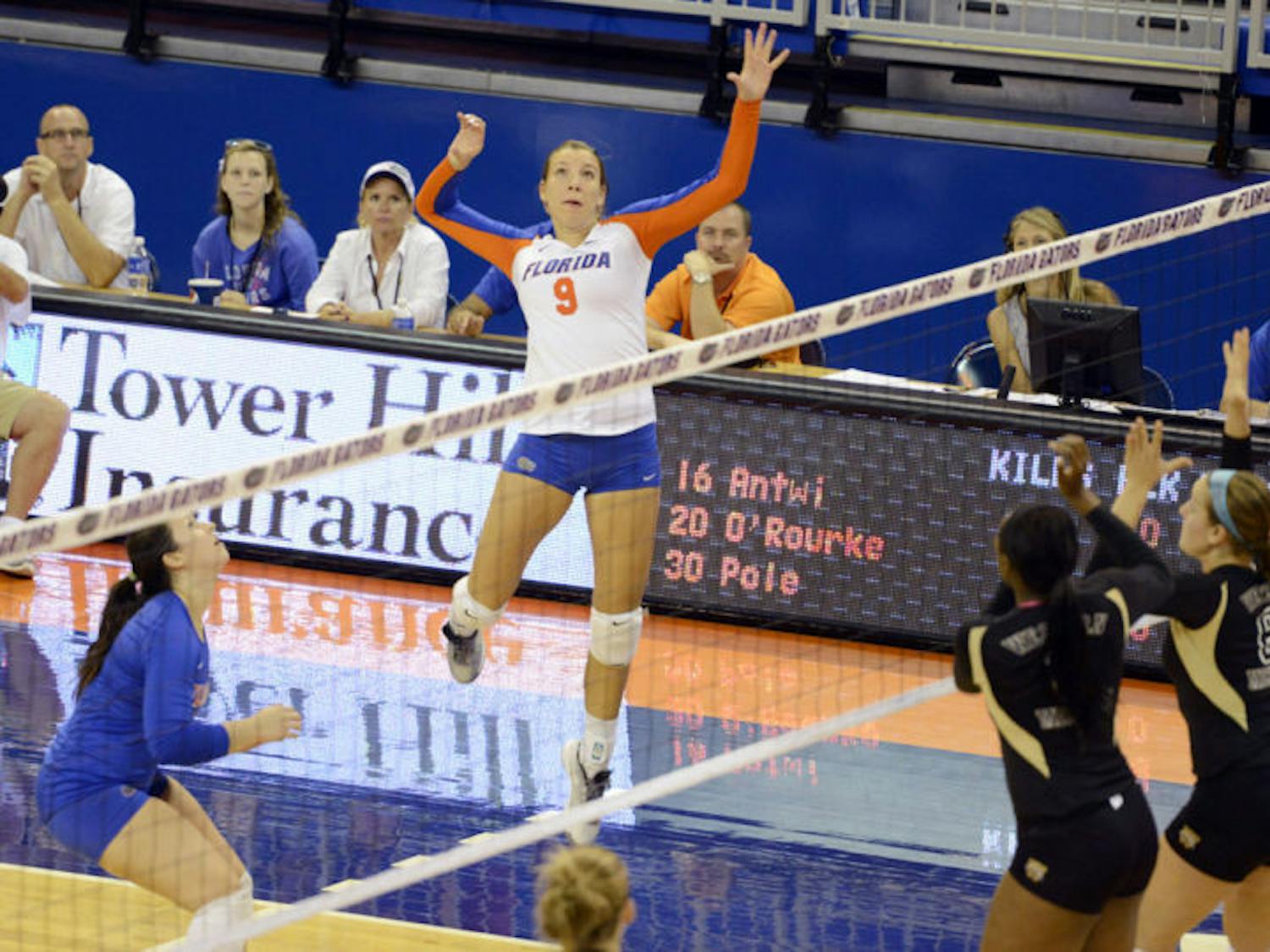 Ziva Recek reaches for the ball during Florida’s four-set victory against Western Michigan on Sept. 14 in the O’Connell Center.&nbsp;
