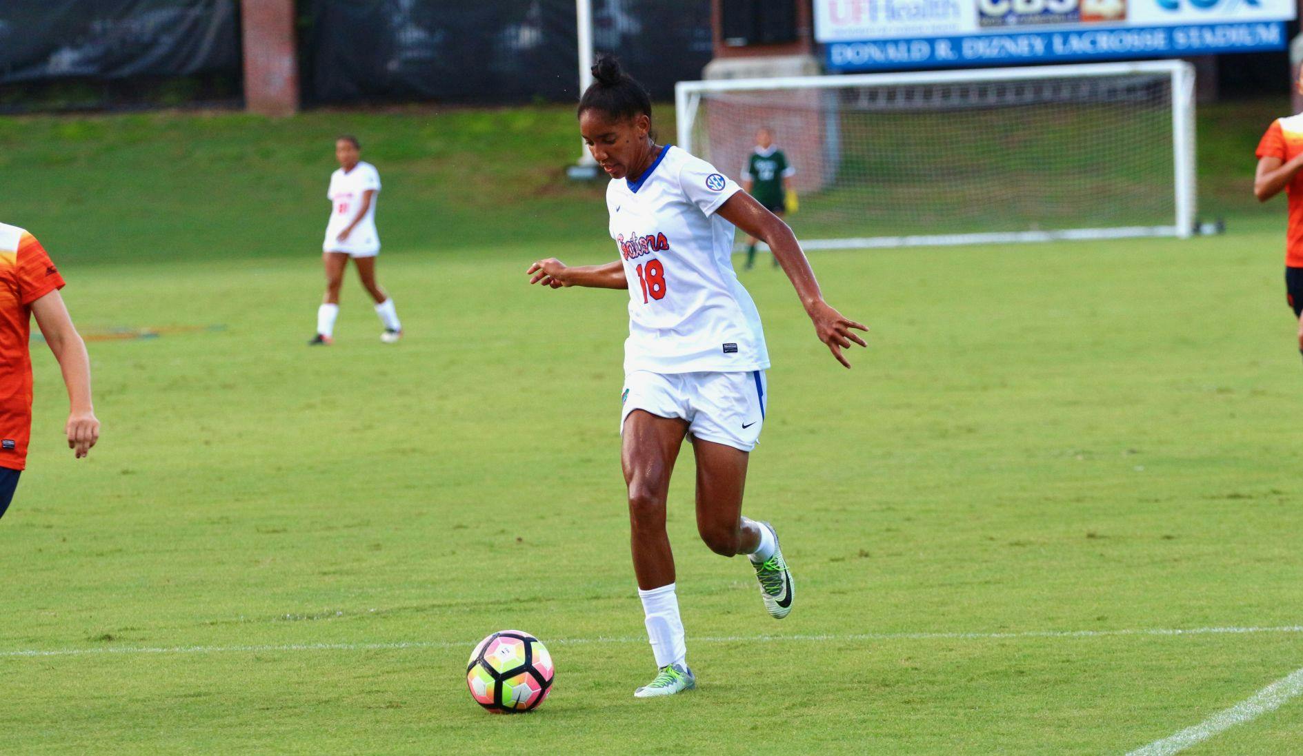 UF midfielder Lais Araujo dribbles the ball during Florida's 2-1 win against Syracuse on Aug. 27 at Donald R. Dizney Stadium.&nbsp;