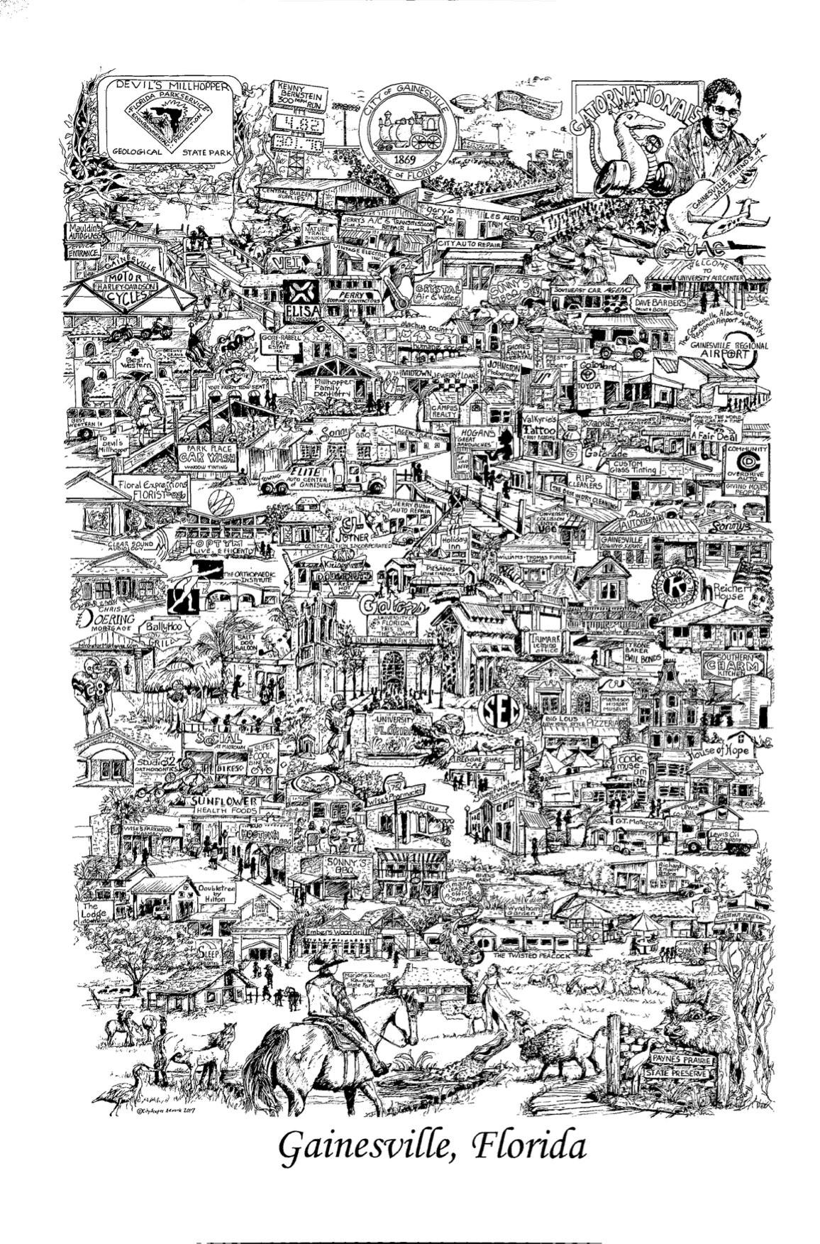 Local organizations paired with CityScapes Artwork to create a hand-drawn print that depicts well-known businesses, restaurants and landmarks in the area. The artwork will be sold to benefit nonprofit organizations in Gainesville.