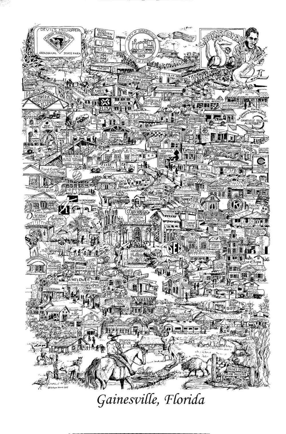 <p><span id="docs-internal-guid-f275bede-3344-d3ad-3d6a-7e3801d95e42"><span>Local organizations paired with CityScapes Artwork to create a hand-drawn print that depicts well-known businesses, restaurants and landmarks in the area. The artwork will be sold to benefit nonprofit organizations in Gainesville.</span></span></p>