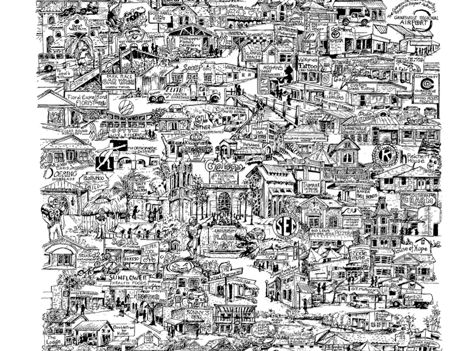 Local organizations paired with CityScapes Artwork to create a hand-drawn print that depicts well-known businesses, restaurants and landmarks in the area. The artwork will be sold to benefit nonprofit organizations in Gainesville.