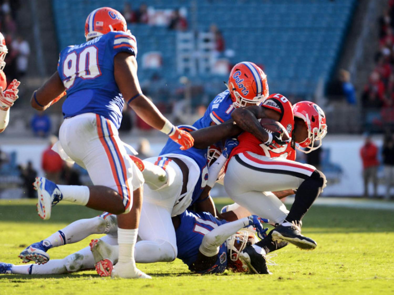 Vernon Hargreaves III makes a tackle during Florida's 38-20 win against Georgia at EverBank Field in Jacksonville.