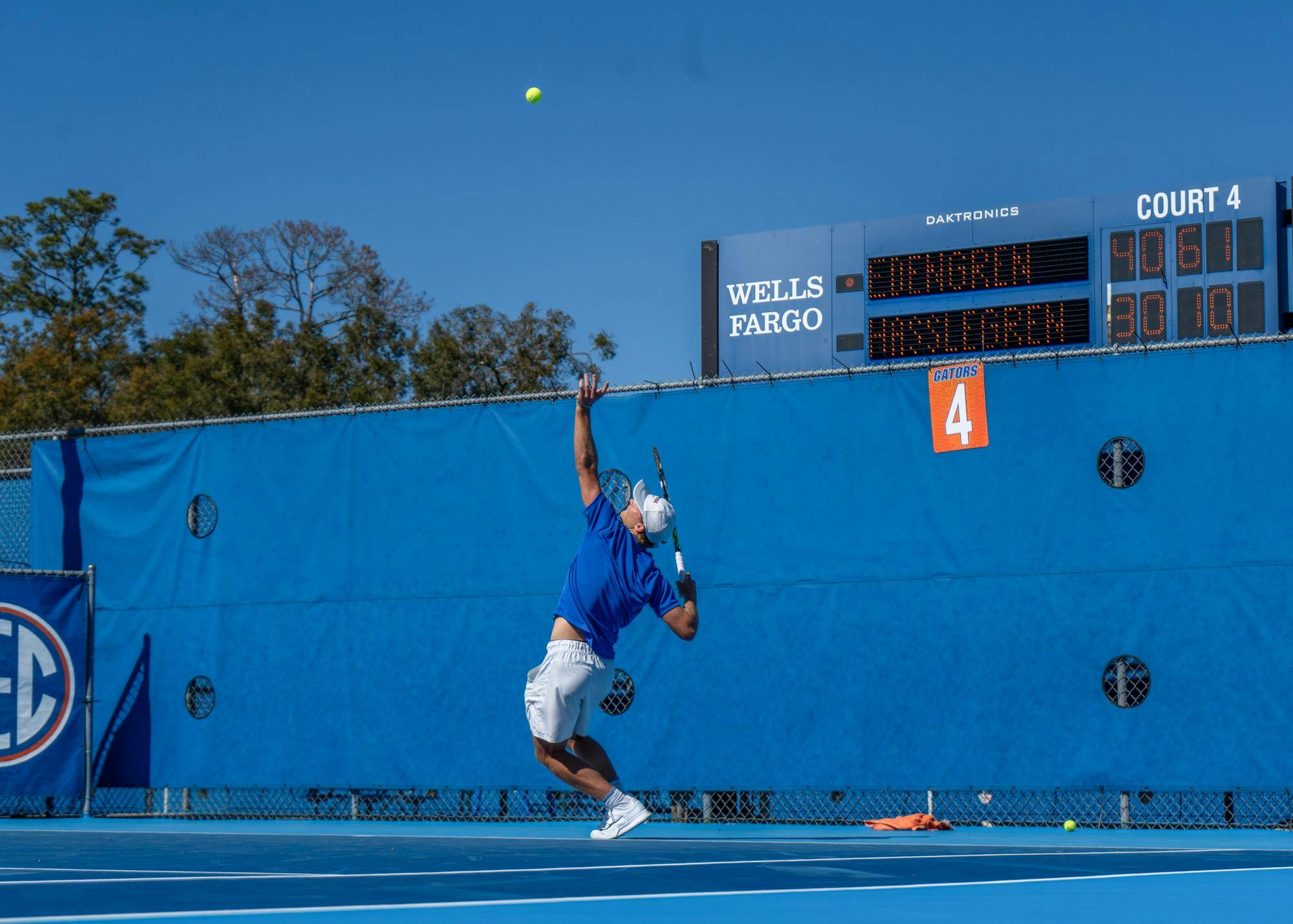 Florida's Kevin Edengren serves during an NCAA men's tennis match against Gustav Hasslegren of Florida Gulf Coast University, Saturday, Feb. 7, 2026, in Gainesville, Fla.