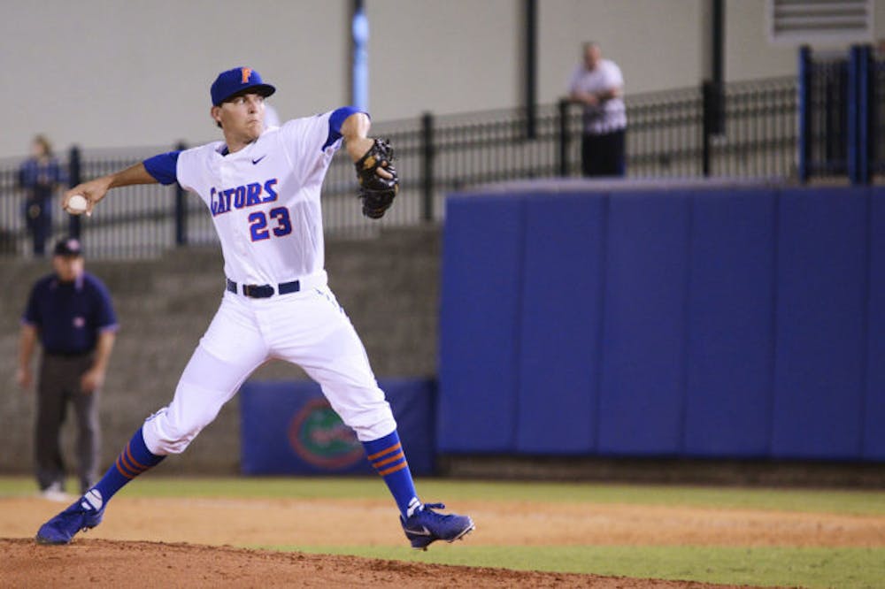 <p align="justify">Right-hander Jonathon Crawford throws a pitch during Florida’s 8-2 loss to Florida Gulf Coast on Feb 22 at McKethan Stadium. Selected 20th by the Detroit Tigers in the first round of the MLB Draft on Thursday, Crawford&nbsp;is the highest Florida pitcher taken since John Burke went sixth to the Houston Astros in 1991.</p>
<p align="justify">&nbsp;</p>