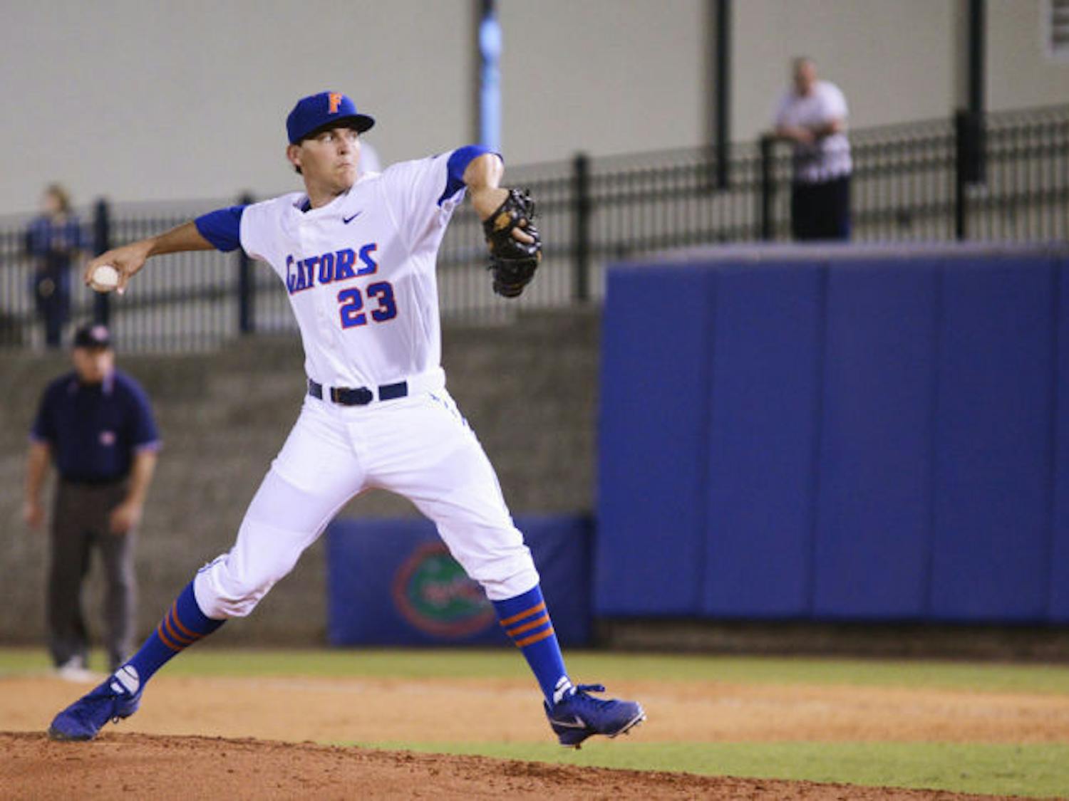 Right-hander Jonathon Crawford throws a pitch during Florida’s 8-2 loss to Florida Gulf Coast on Feb 22 at McKethan Stadium. Selected 20th by the Detroit Tigers in the first round of the MLB Draft on Thursday, Crawford&nbsp;is the highest Florida pitcher taken since John Burke went sixth to the Houston Astros in 1991.
&nbsp;