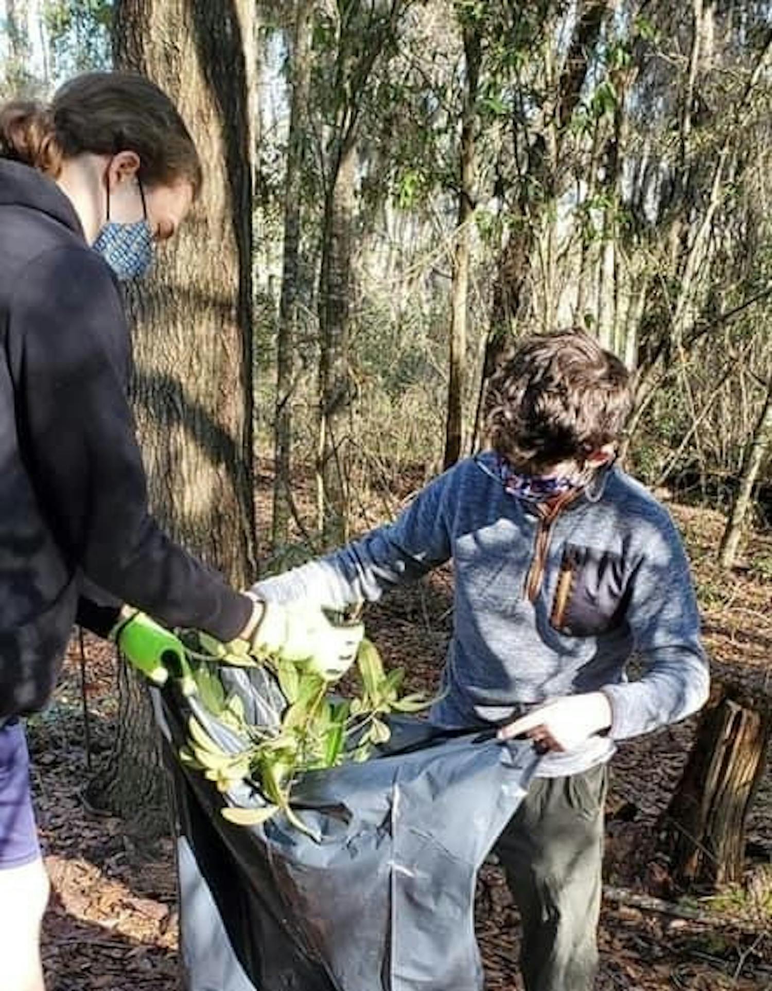Boy Scout Troop 125 places invasive plants into a plastic trash bag for proper disposal. [Photo courtesy of Rich Bennett]