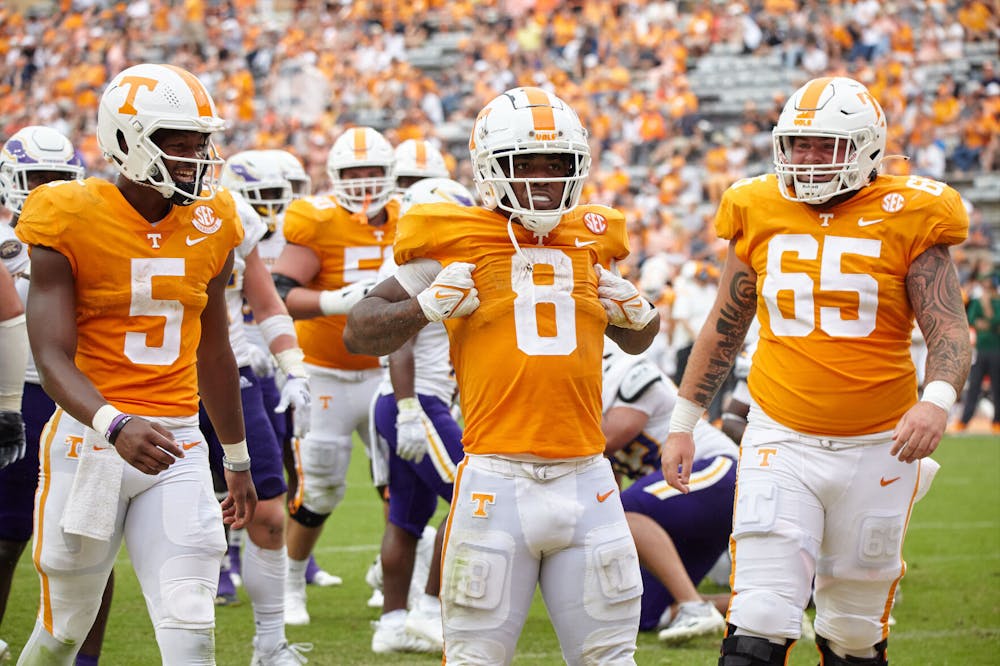 Tiyon Evans, #8, celebrates after the Vols score a field goal in the football game against Tennessee Tech, held in the Neyland Stadium on September 18th. Photo by Nathan Lick of The Daily Beacon