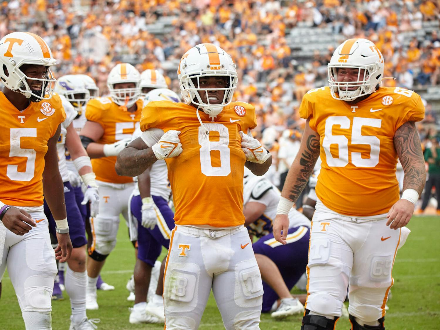 Tiyon Evans, #8, celebrates after the Vols score a field goal in the football game against Tennessee Tech, held in the Neyland Stadium on September 18th. Photo by Nathan Lick of The Daily Beacon