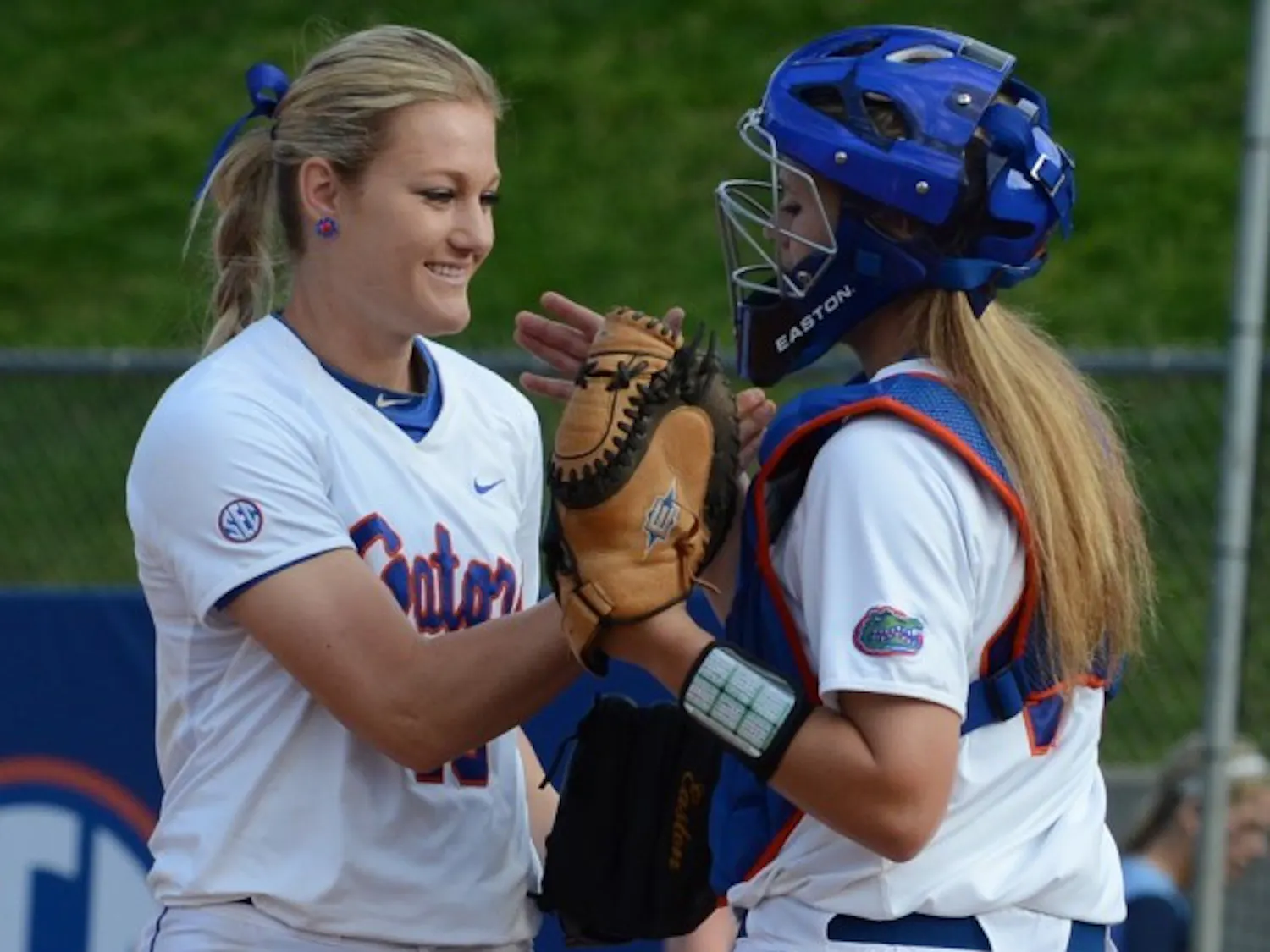 Entrenched as the No. 1 starter after a stellar freshman season, Gators sophomore pitcher Hannah Rogers (left) said she doesn’t mind sharing time this season with highly touted freshmen hurlers Alyssa Bache and Lauren Haeger.
