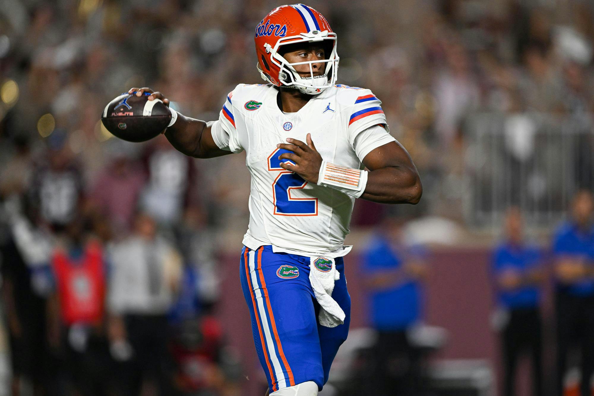 Florida Gators quarterback DJ Lagway (2) throws the ball in a NCAA college football game, Saturday, Oct. 11, 2025, in College Station, Texas.