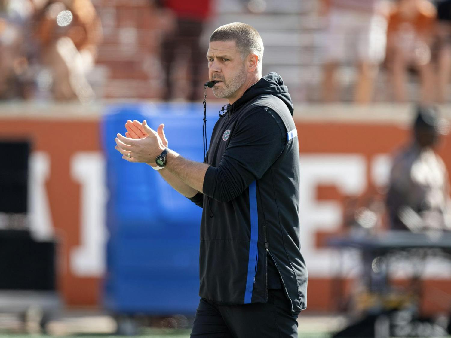 Florida Gators head coach Billy Napier patrols the field during pregame warmups at Darrell K Royal Memorial Stadium on Saturday, November 9, 2024.