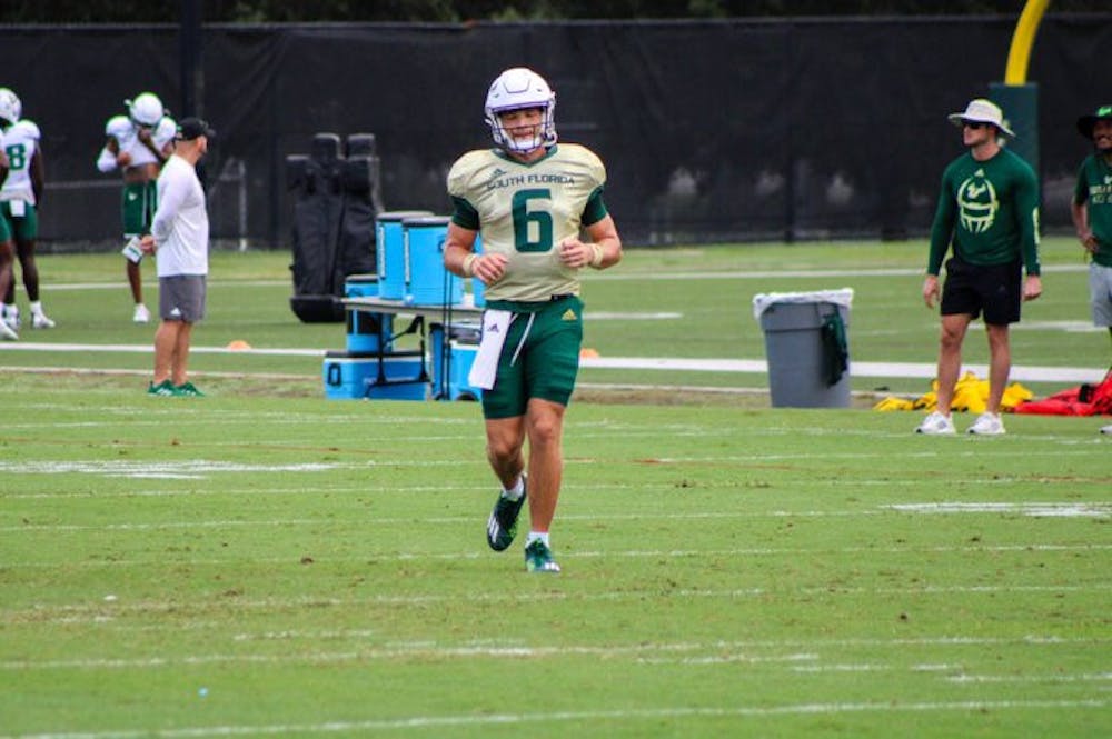 <p>University of South Florida quarterback Cade Fortin at practice. Credit: Francisco Rosa/USF Oracle</p>