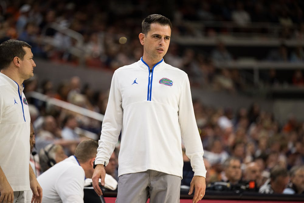 Florida Gators Head Coach Todd Golden watches his team play offense in a basketball game against Auburn University on Feb. 8, 2025, in Auburn, Ala.