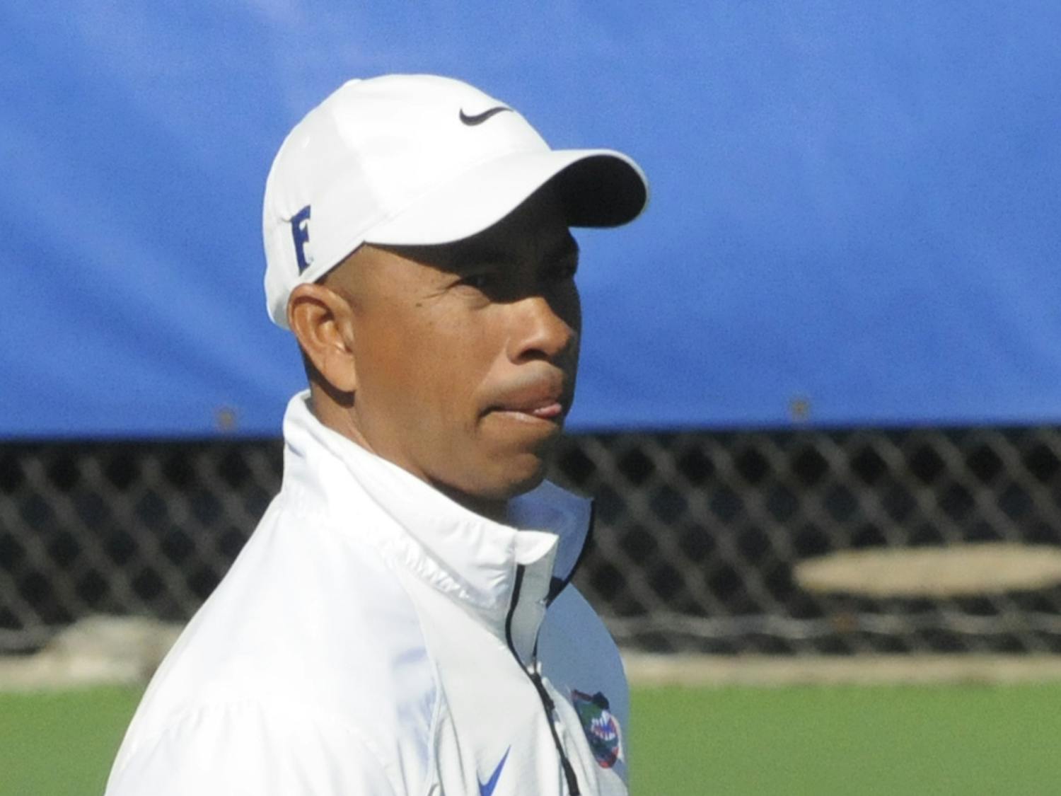 UF men's tennis coach Bryan Shelton looks on during Florida's 6-1 win over Troy on Jan. 17, 2016, at the Ring Tennis Complex.