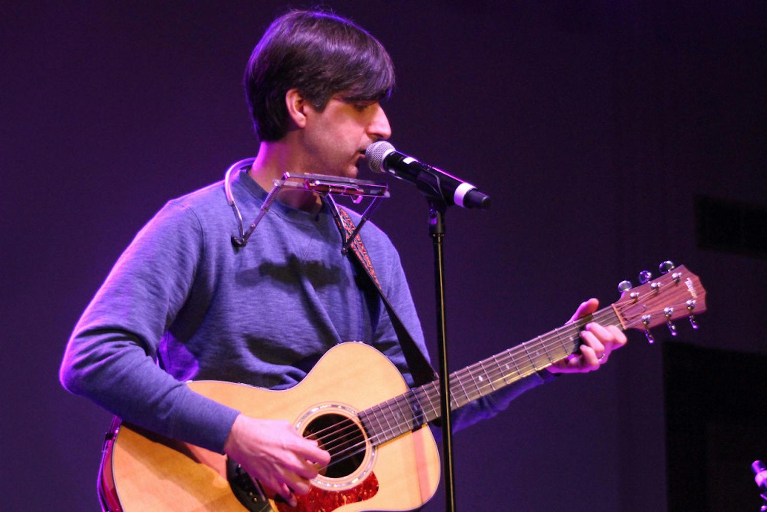 Comedian Demetri Martin performs in the Reitz Union Grand Ballroom on Friday evening during the Big Orange Festival. Martin's performance featured a wide array of jokes, which were enhanced by his use of music and drawings.