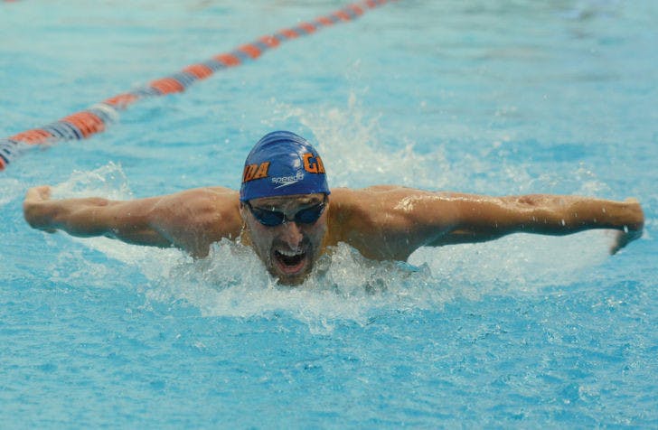Senior Sebastien Rousseau swims the butterfly in the men’s 400-meter individual medley on Aug. 28 in the Pinch A Penny All Florida Invitational.&nbsp;Rousseau and the Gators start competition at the NCAA Championships today.