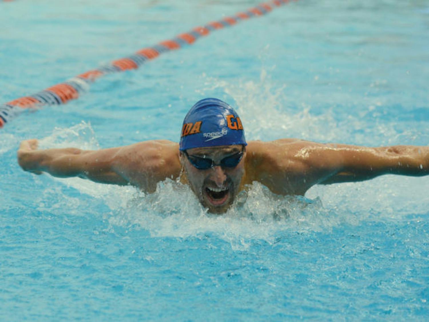 Senior Sebastien Rousseau swims the butterfly in the men’s 400-meter individual medley on Aug. 28 in the Pinch A Penny All Florida Invitational.&nbsp;Rousseau and the Gators start competition at the NCAA Championships today.