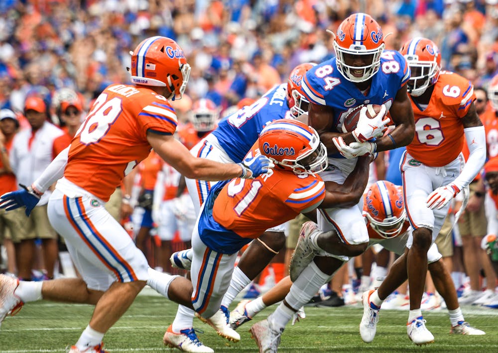 <p dir="ltr"><span>Tight end Kyle Pitts recorded four catches for 56 yards for the Blue team in UF's Orange and Blue game. Blue was defeated by Orange 60-35 in the highest-scoring spring game of all time.</span></p><p><span> </span></p>