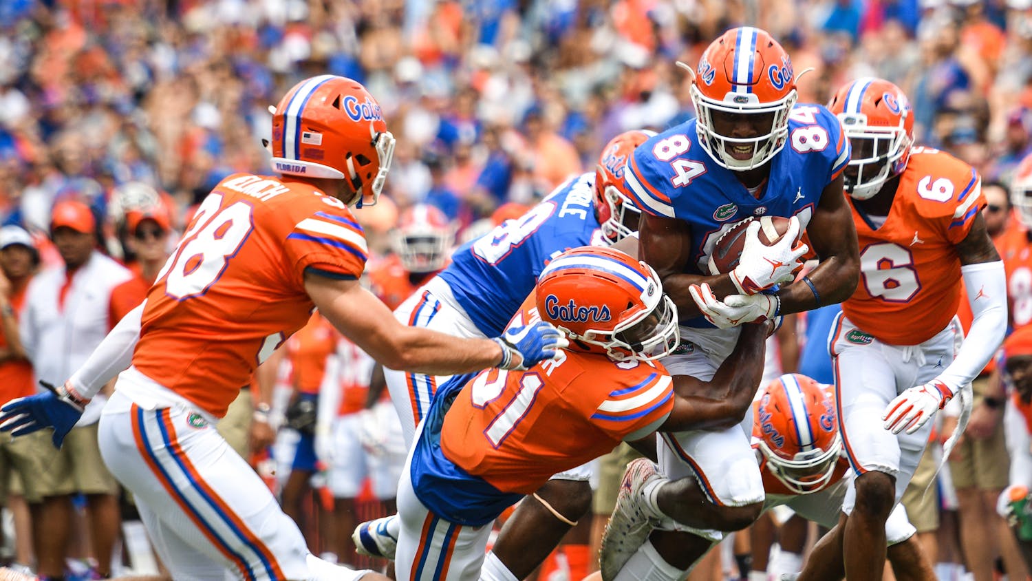Tight end Kyle Pitts recorded four catches for 56 yards for the Blue team in UF's Orange and Blue game. Blue was defeated by Orange 60-35 in the highest-scoring spring game of all time. 