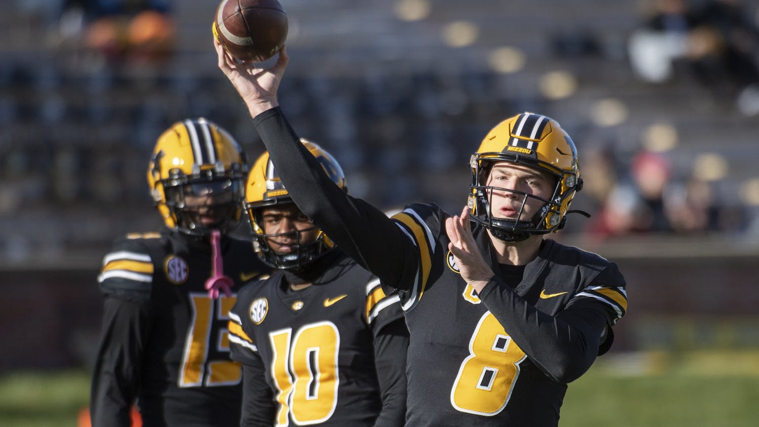Missouri quarterback Connor Bazelak warms up before an NCAA college football game against South Carolina Saturday, Nov. 13, 2021, in Columbia, Mo. (AP Photo/L.G. Patterson)
