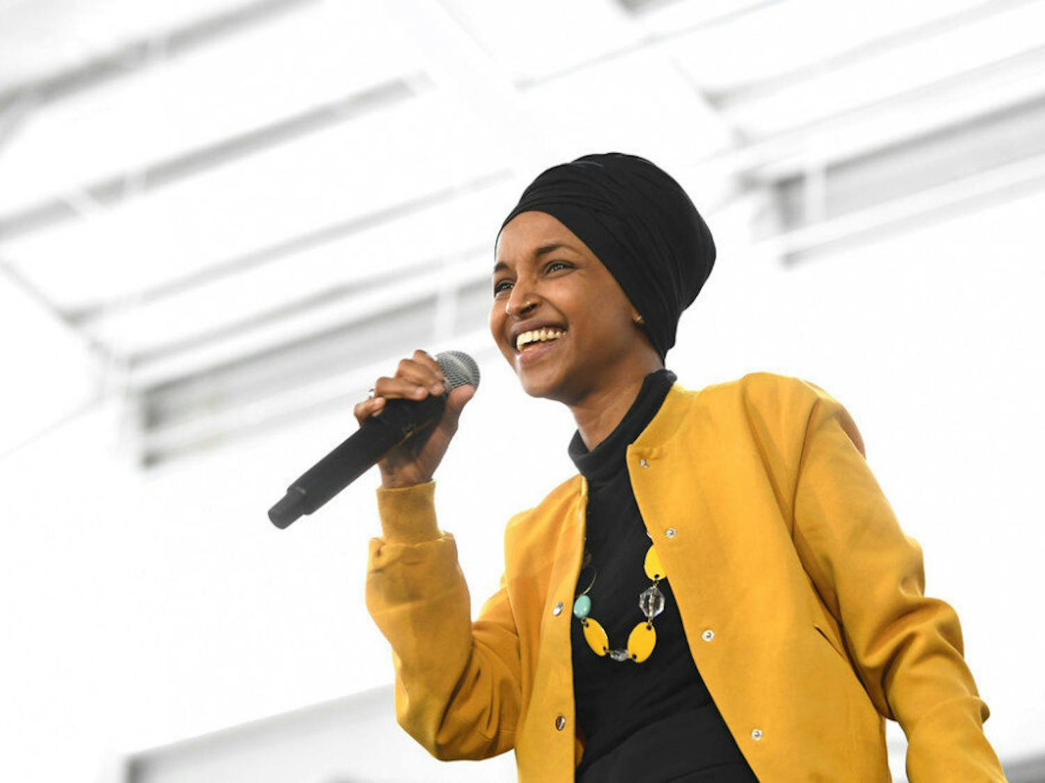 Rep. Ilhan Omar, D-Minn., speaks before introducing Democratic presidential candidate Sen. Bernie Sanders, I-Vt., at a campaign rally in Springfield, Va., Saturday, Feb. 29, 2020. (AP Photo/Susan Walsh)