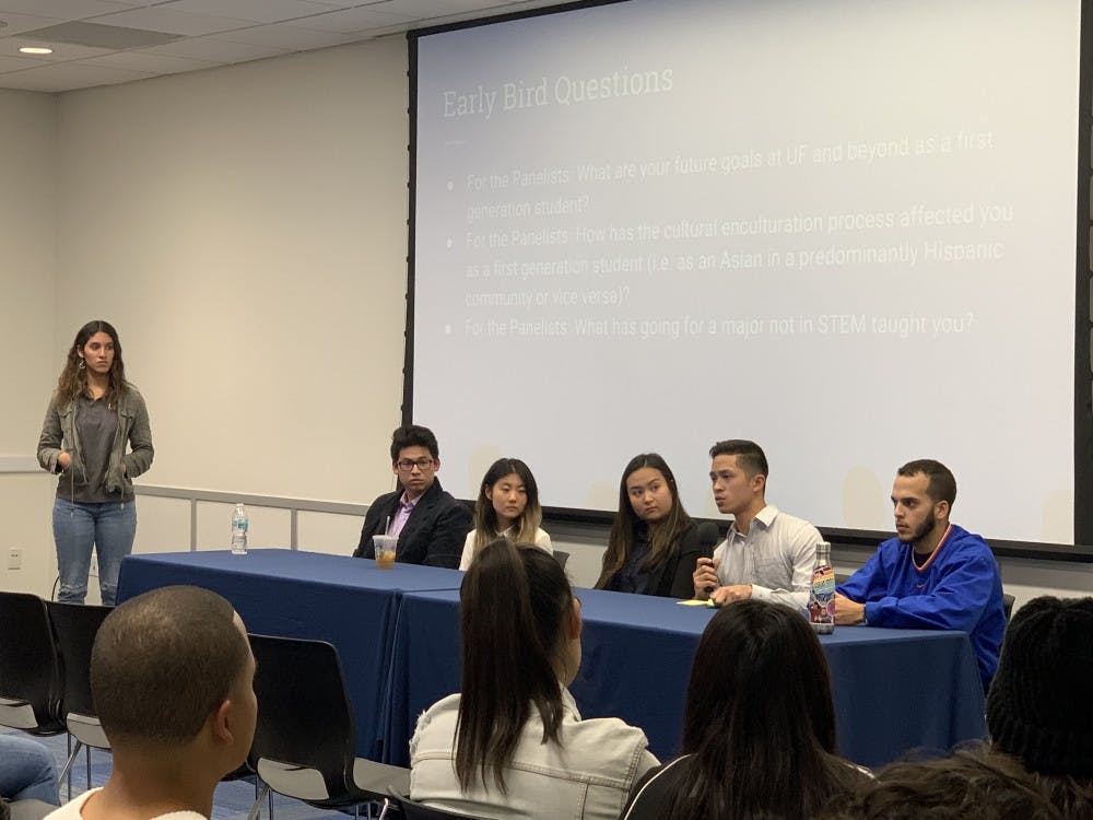 <p>Asian and Latin American first-generation students speak about their experiences at UF during a discussion panel Thursday night. </p>