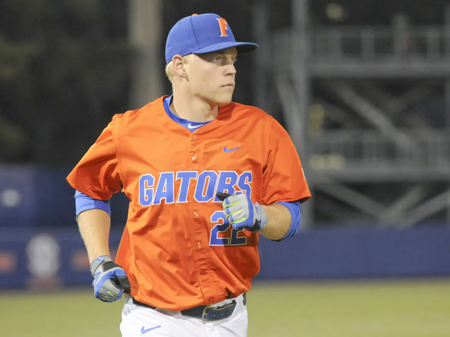 JJ Schwarz jogs off the field during Florida's 5-4 win over UNF on March 9, 2016, at McKethan Stadium.