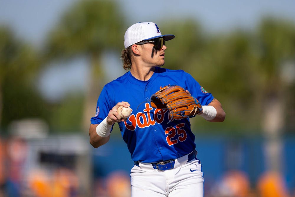 <p>Florida infielder Kolt Myers (25) throws the ball during an NCAA college baseball game against Auburn at Condron Family Ballpark in Gainesville, Fla., Friday, April 17, 2026.</p>