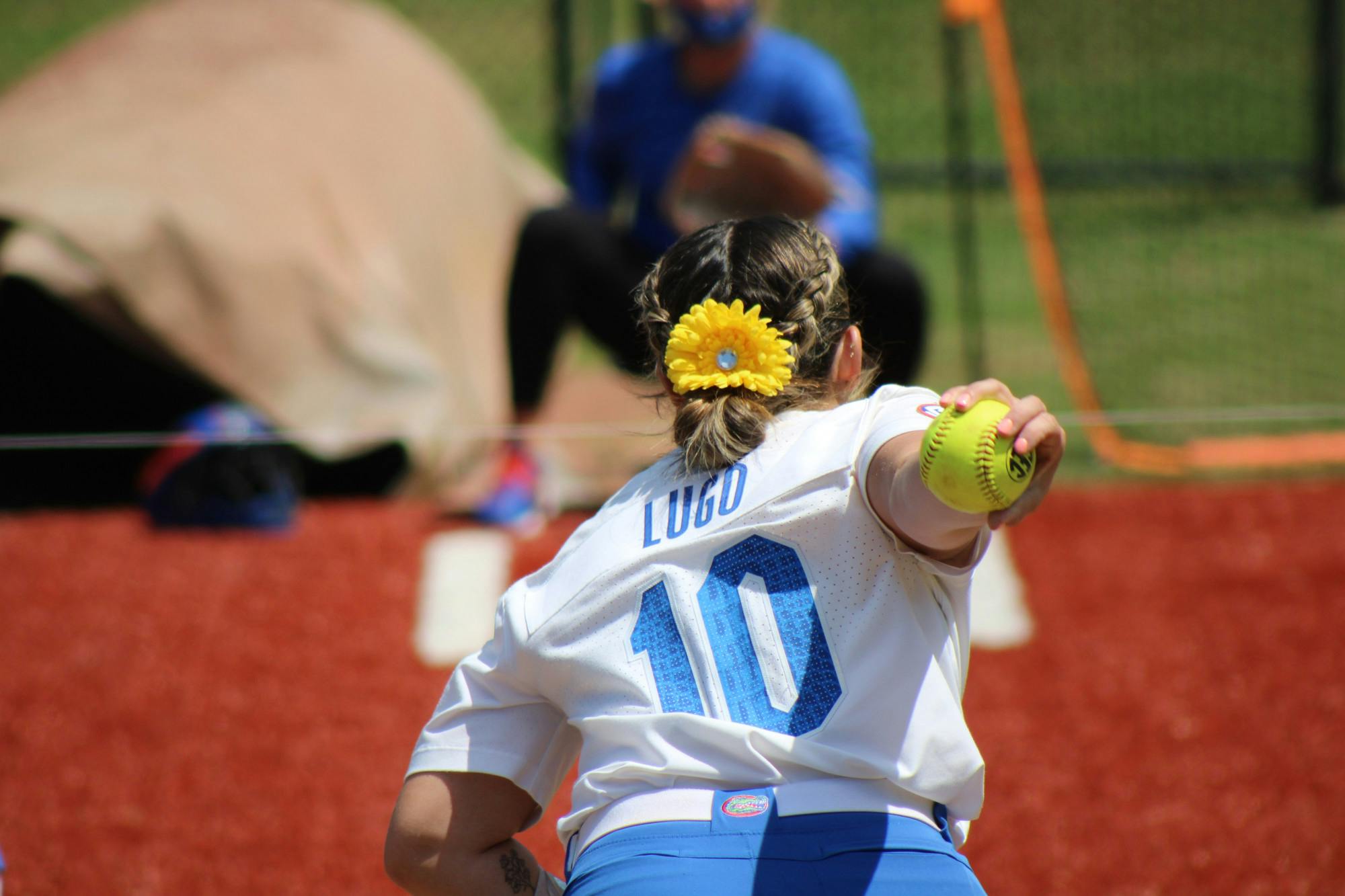 Pitcher Natalie Lugo throws before a game against Alabama April 18, 2021. The fifth-year senior dealt through two strikeouts during Florida&#x27;s doubleheader with Ole Miss. 