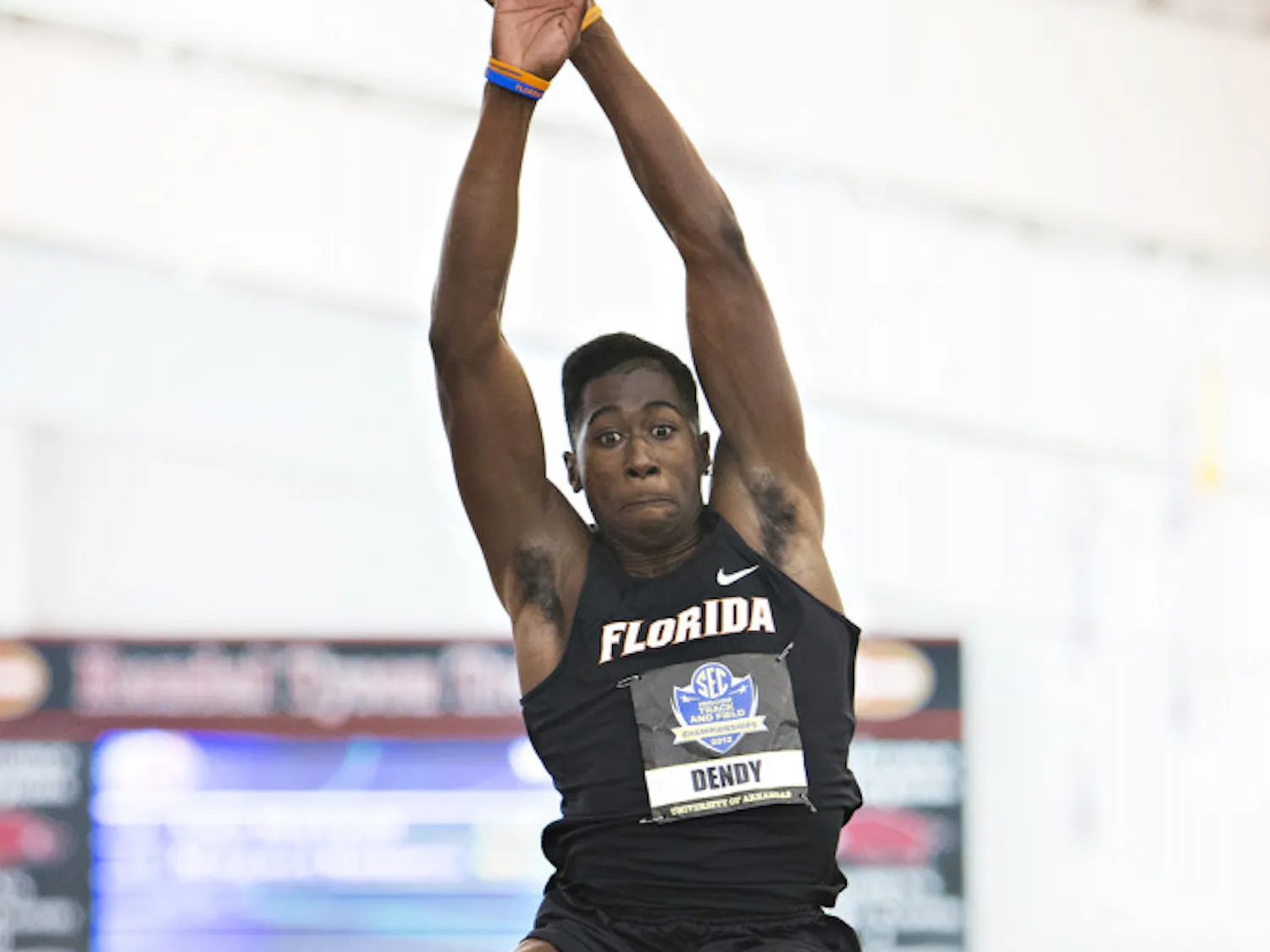 Sophomore jumper Marquis Dendy competes in the long jump at the SEC Indoor Track Championships on Feb. 23 in Fayetteville, Ark. Dendy qualified for the men's triple jump in next week's NCAA Outdoors Championships.