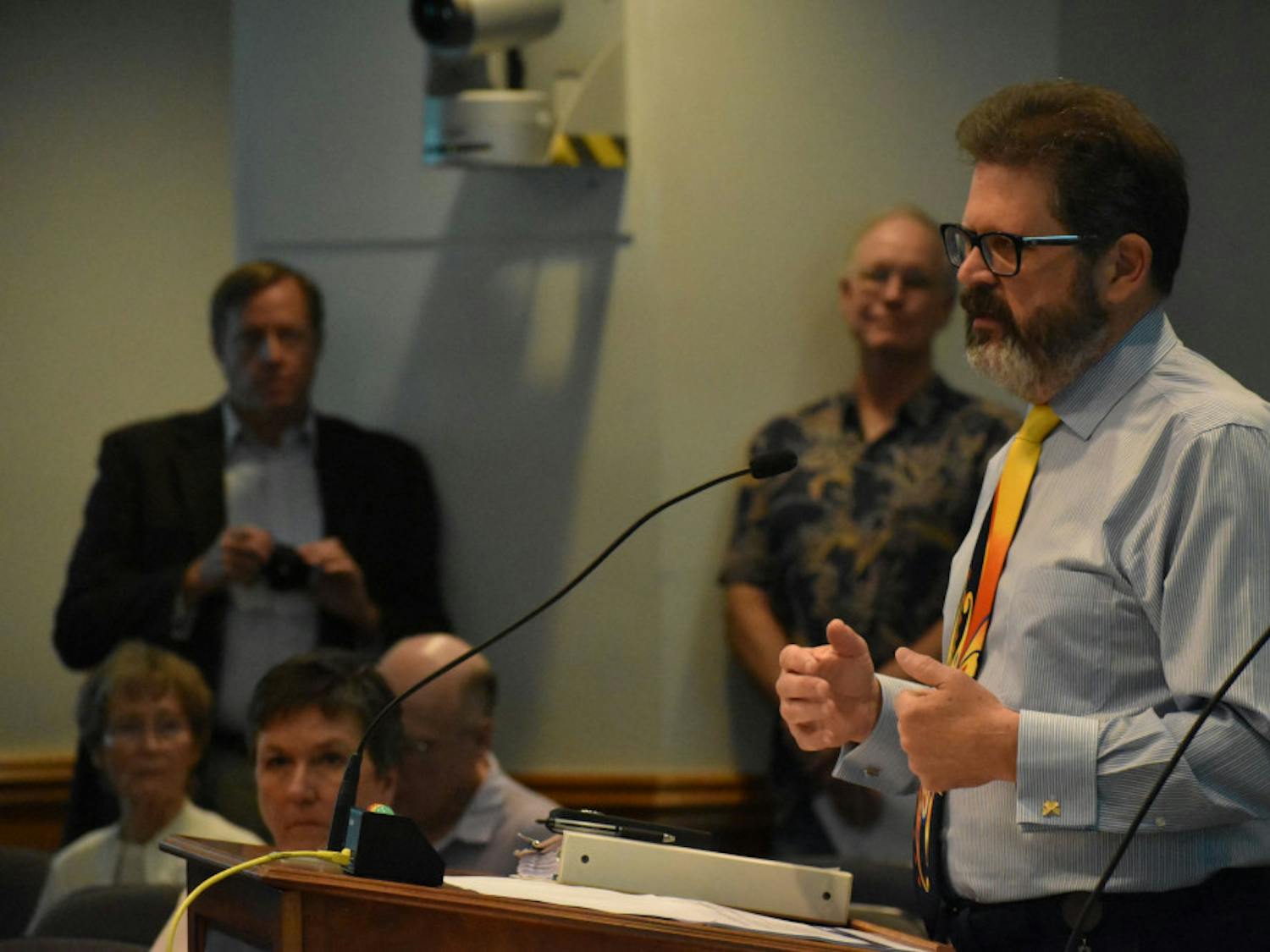 Edward Bielarski Jr., the general manager of GRU, speaks at a city commission meeting Thursday about a possible partnership between GRU and Florida Power & Light.