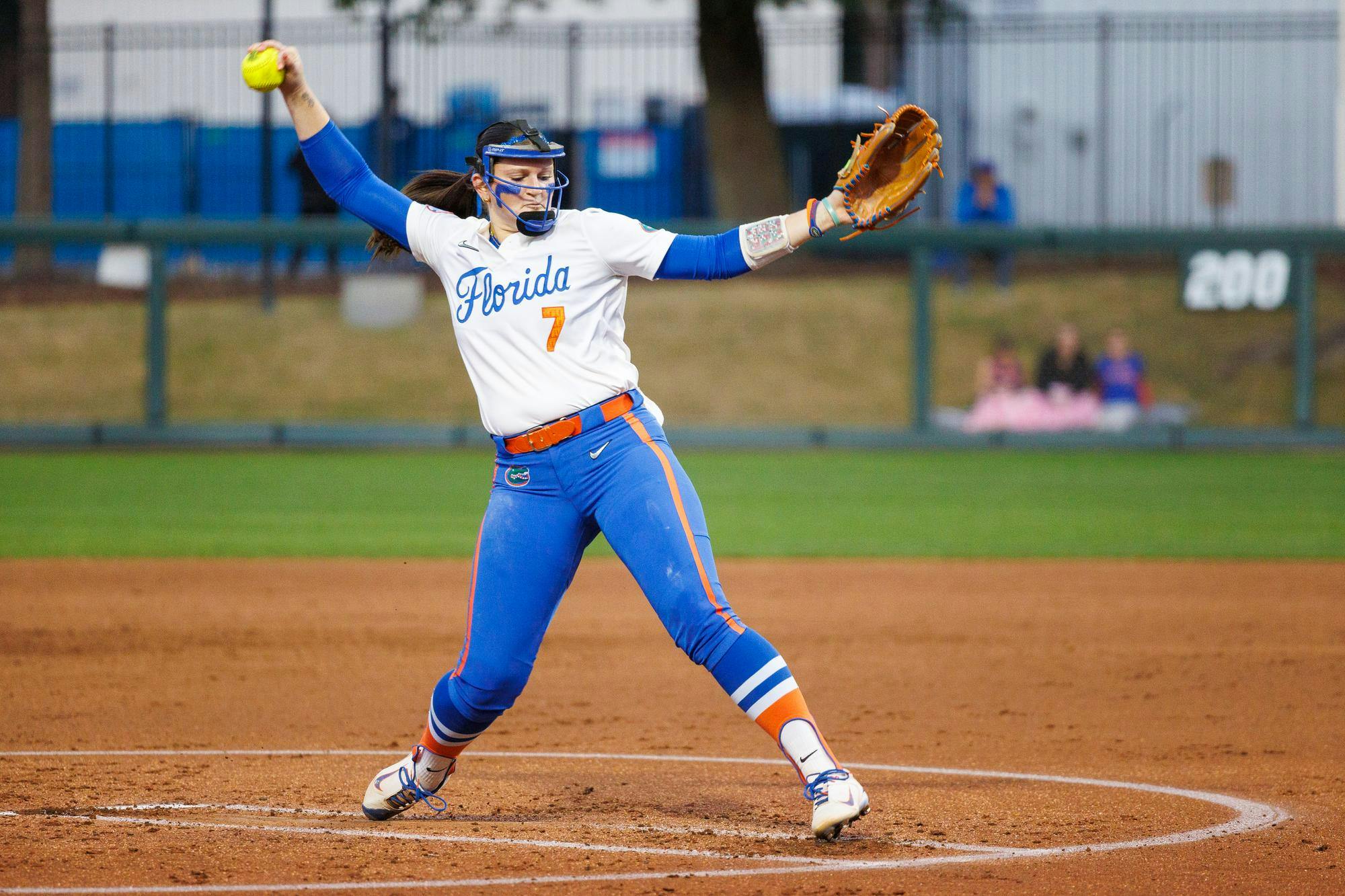 Florida Gators right handed pitcher Keagan Rothrock pitches during an NCAA softball game against Jacksonville, Wednesday, Feb. 11, 2026, in Gainesville, Fla.